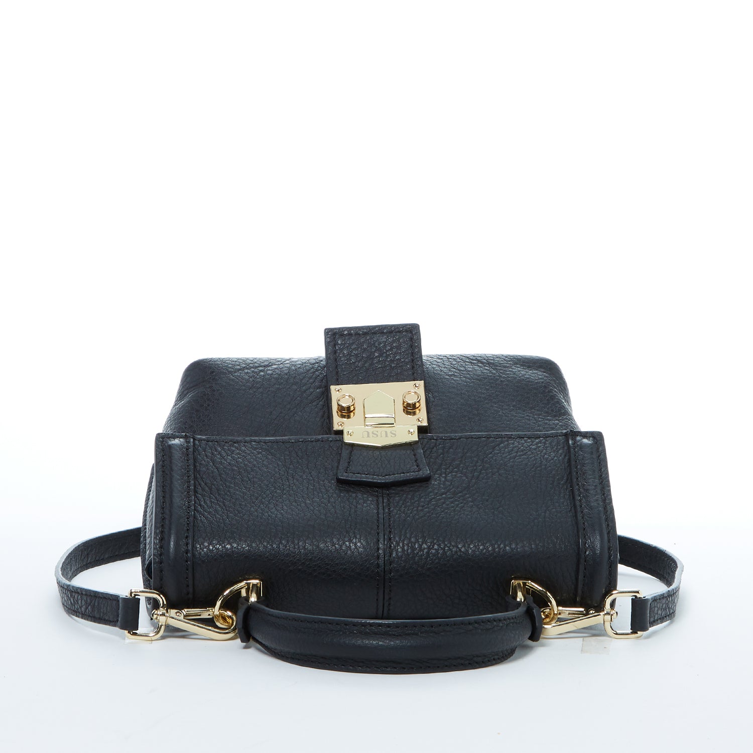 Linda Black Crossbody Backpack Purse made of soft Italian pebble leather with gold hardware, showcasing its stylish design and versatility.