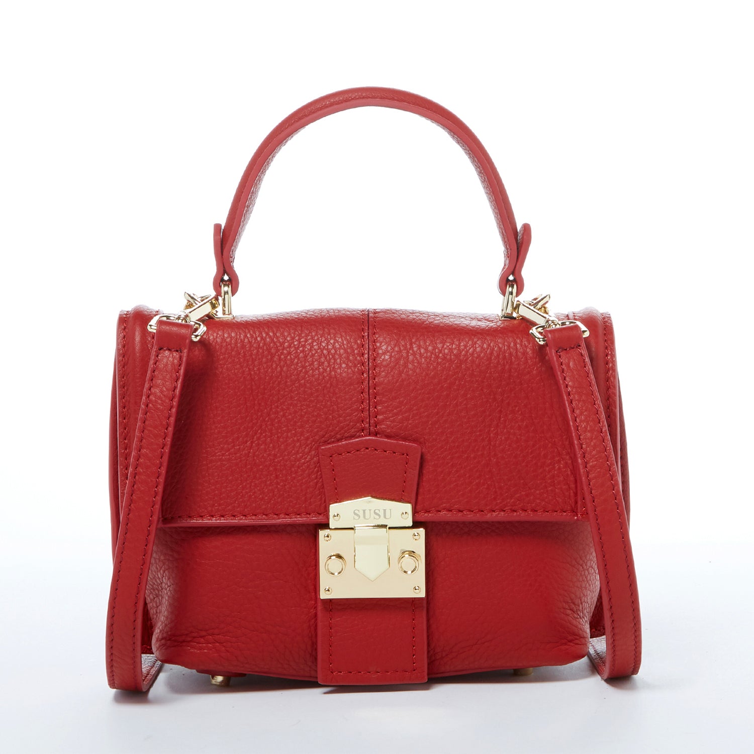 Red leather handbag with handle.