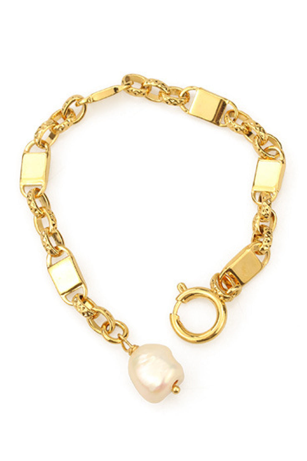 A stylish Link Chain Bracelet featuring a chunky gold plated brass chain and a delicate pearl pendant, perfect for elegant accessorizing.