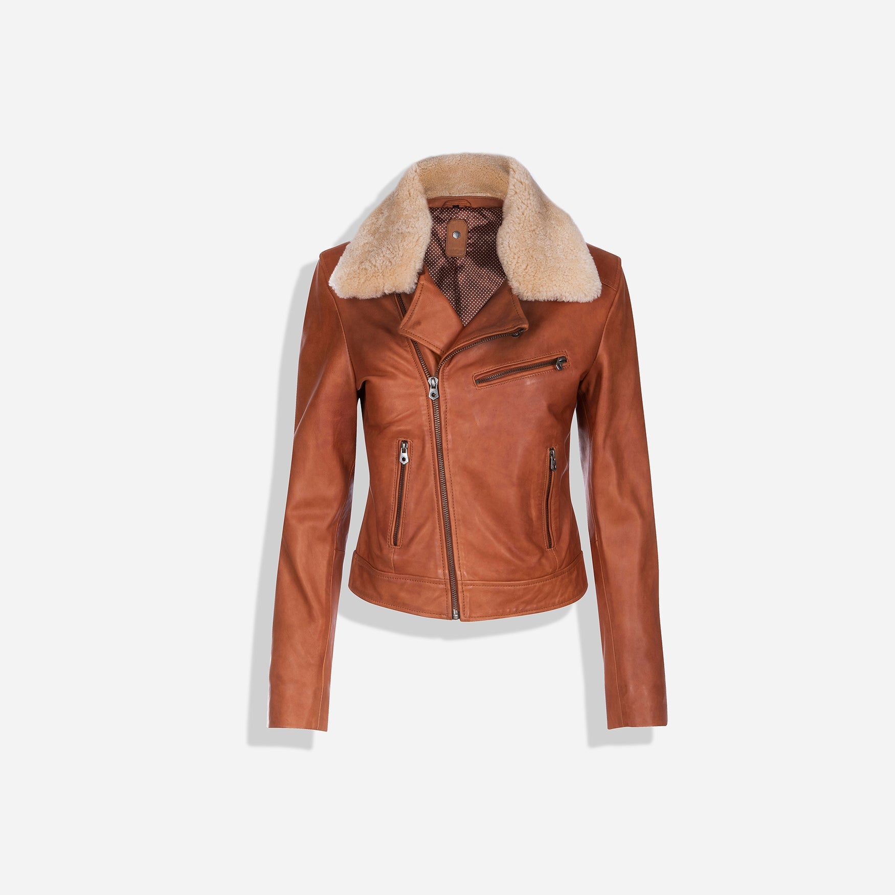 Lisa Bomber Jacket in Chestnut with detachable sheep fur collar and multiple pockets, showcasing a stylish and practical design.