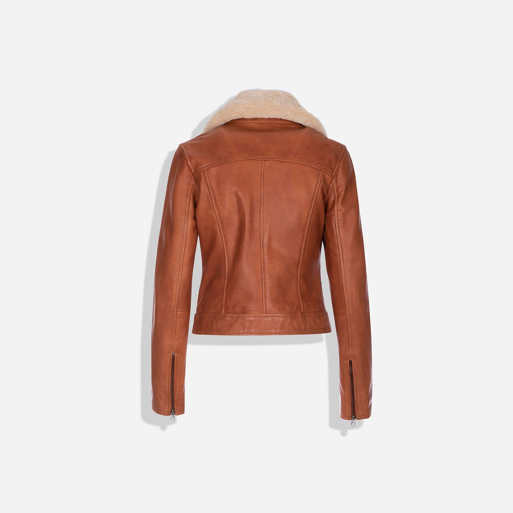 Lisa Bomber Jacket in Chestnut with detachable sheep fur collar and multiple pockets, showcasing a stylish and practical design.