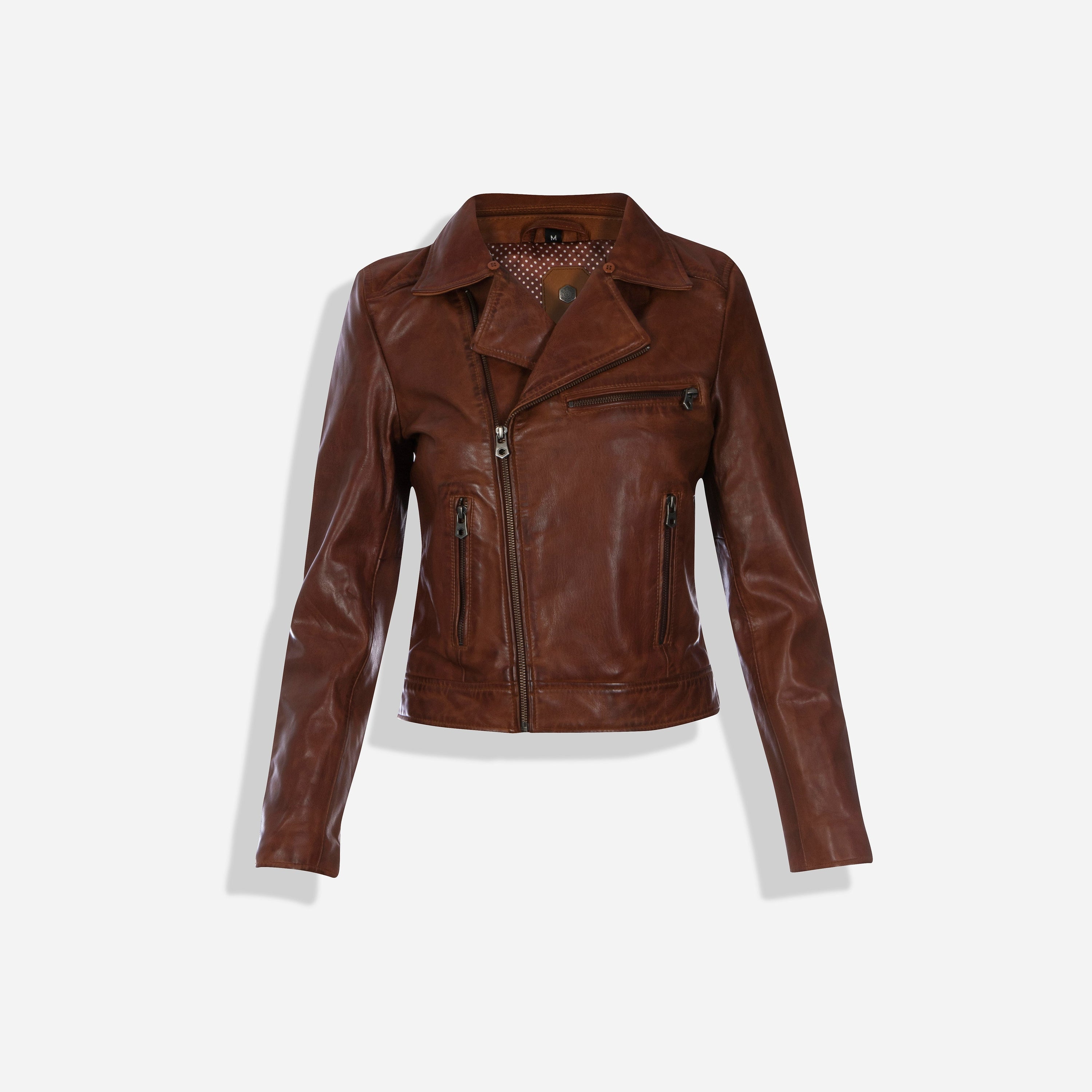 Lisa Bomber Jacket in Cognac featuring a detachable sheep fur collar and multiple pockets, showcasing a stylish and practical design.