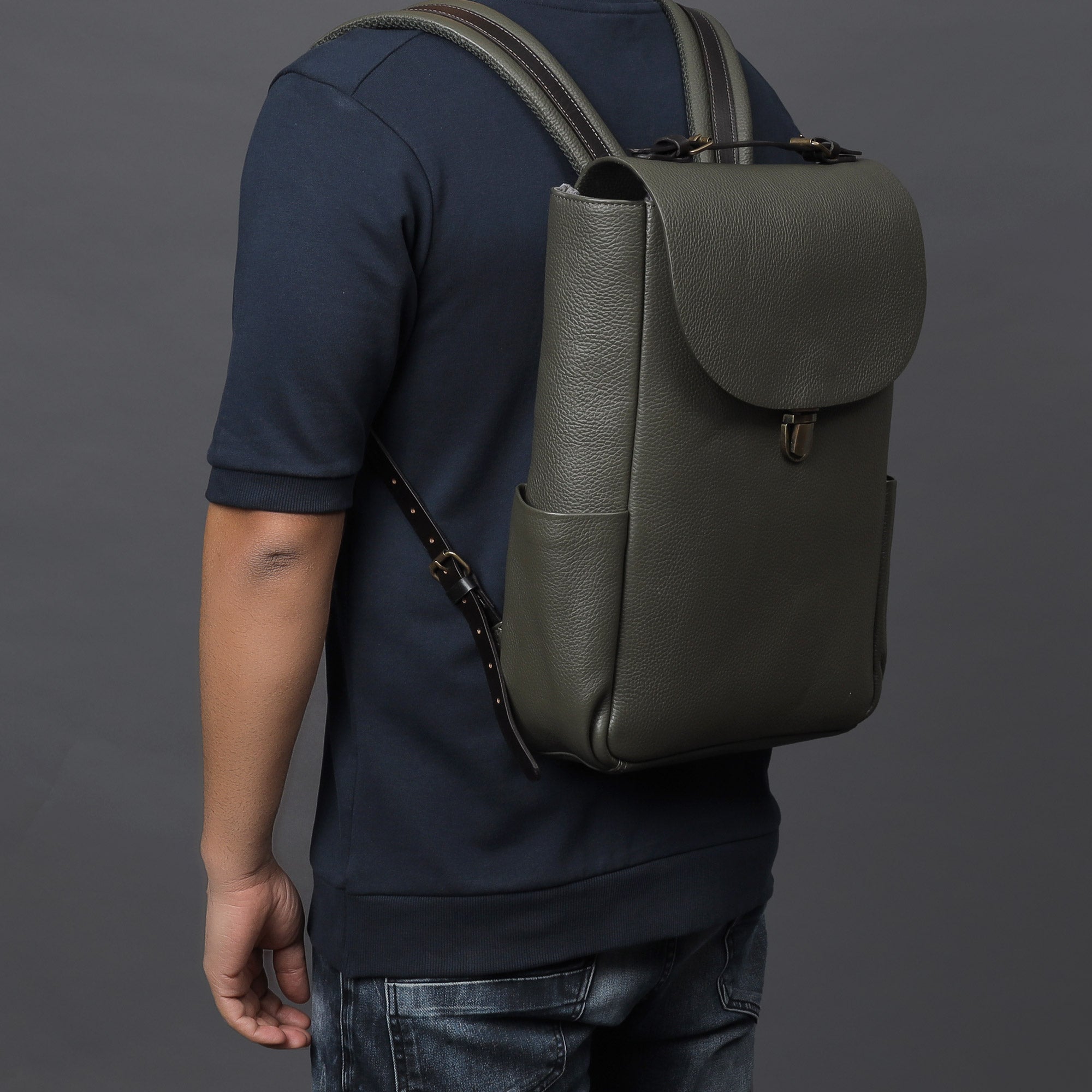 London Leather Backpack made from premium full grain leather with multiple pockets and adjustable straps.