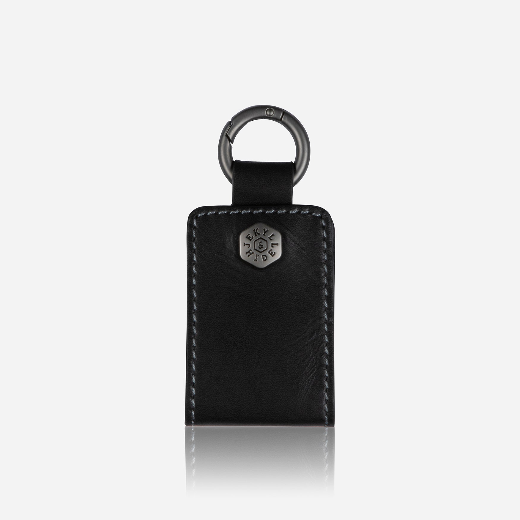 Black leather luggage tag with push ring and press stud closure, ideal for easy identification.