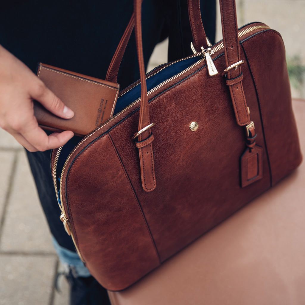 Madrid Ladies Business Handbag in Tan, showcasing its stylish design and spacious interior, perfect for professional use.