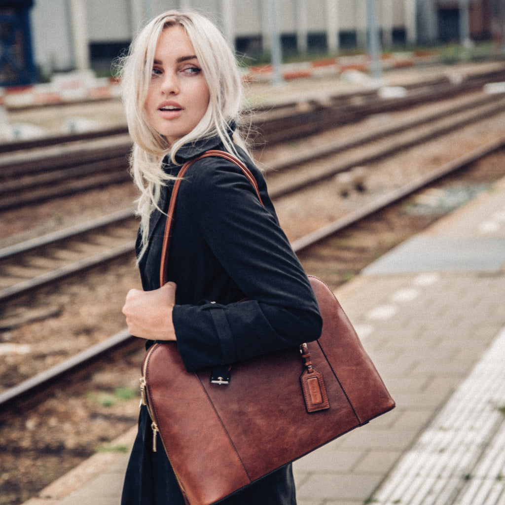 Madrid Ladies Business Handbag in Tan, showcasing its stylish design and spacious interior, perfect for professional use.