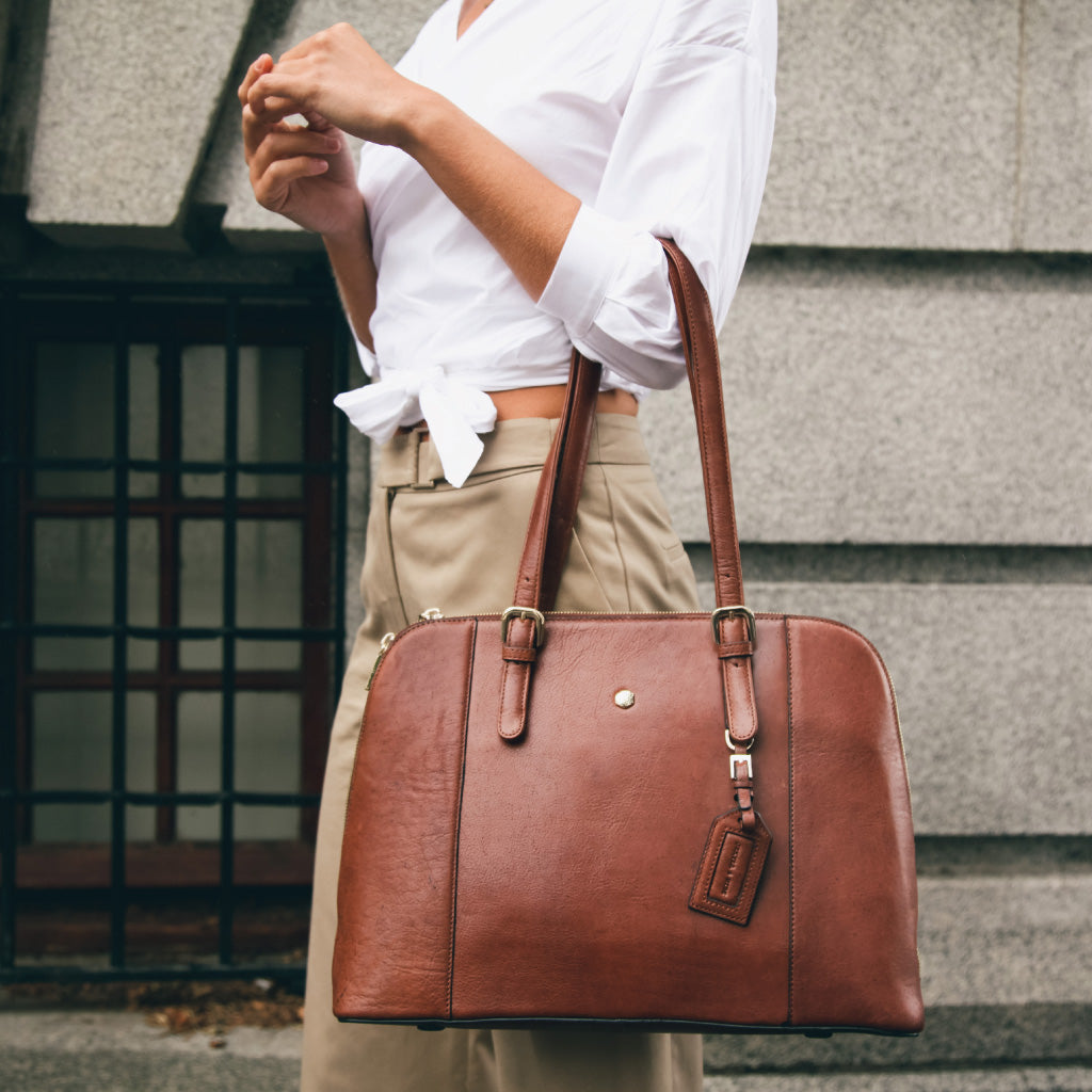 Madrid Ladies Business Handbag in Tan, showcasing its stylish design and spacious interior, perfect for professional use.