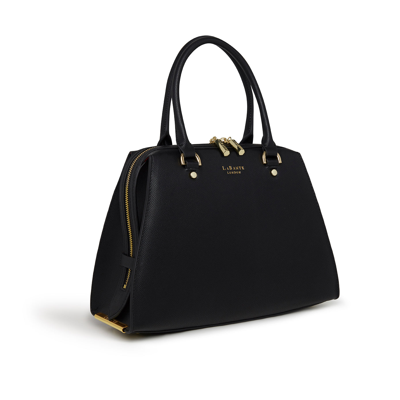 Magnolia Black Vegan Small Bowling Bag with gold hardware and red recycled lining, showcasing its elegant design and sustainable materials.