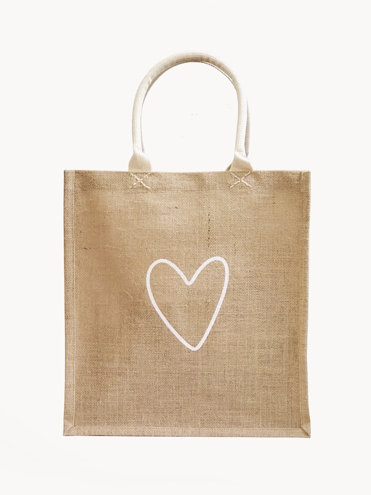 Eco-friendly Love Market Bag made from natural jute fabric, featuring a cotton handle and a spacious design for shopping.