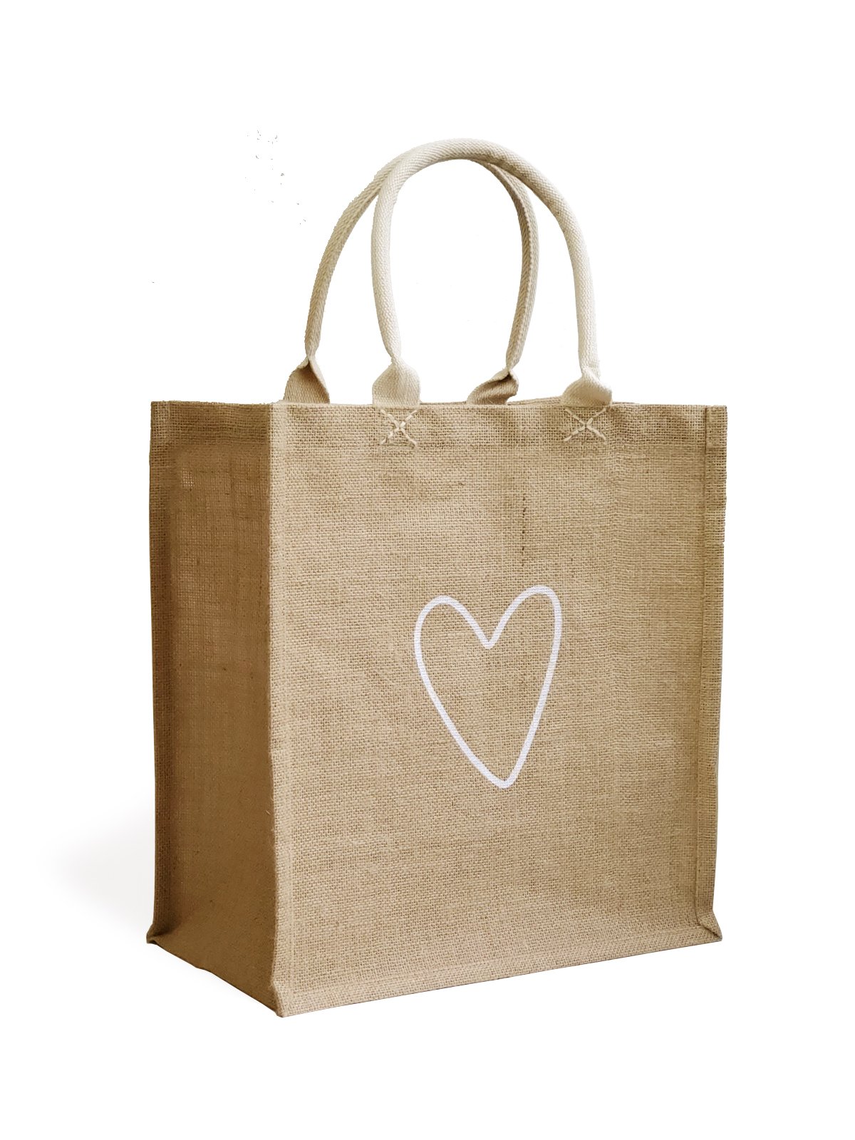 Eco-friendly Love Market Bag made from natural jute fabric, featuring a cotton handle and a spacious design for shopping.