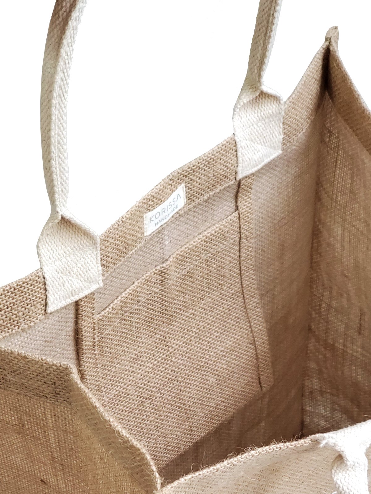 Eco-friendly Love Market Bag made from natural jute fabric, featuring a cotton handle and a spacious design for shopping.