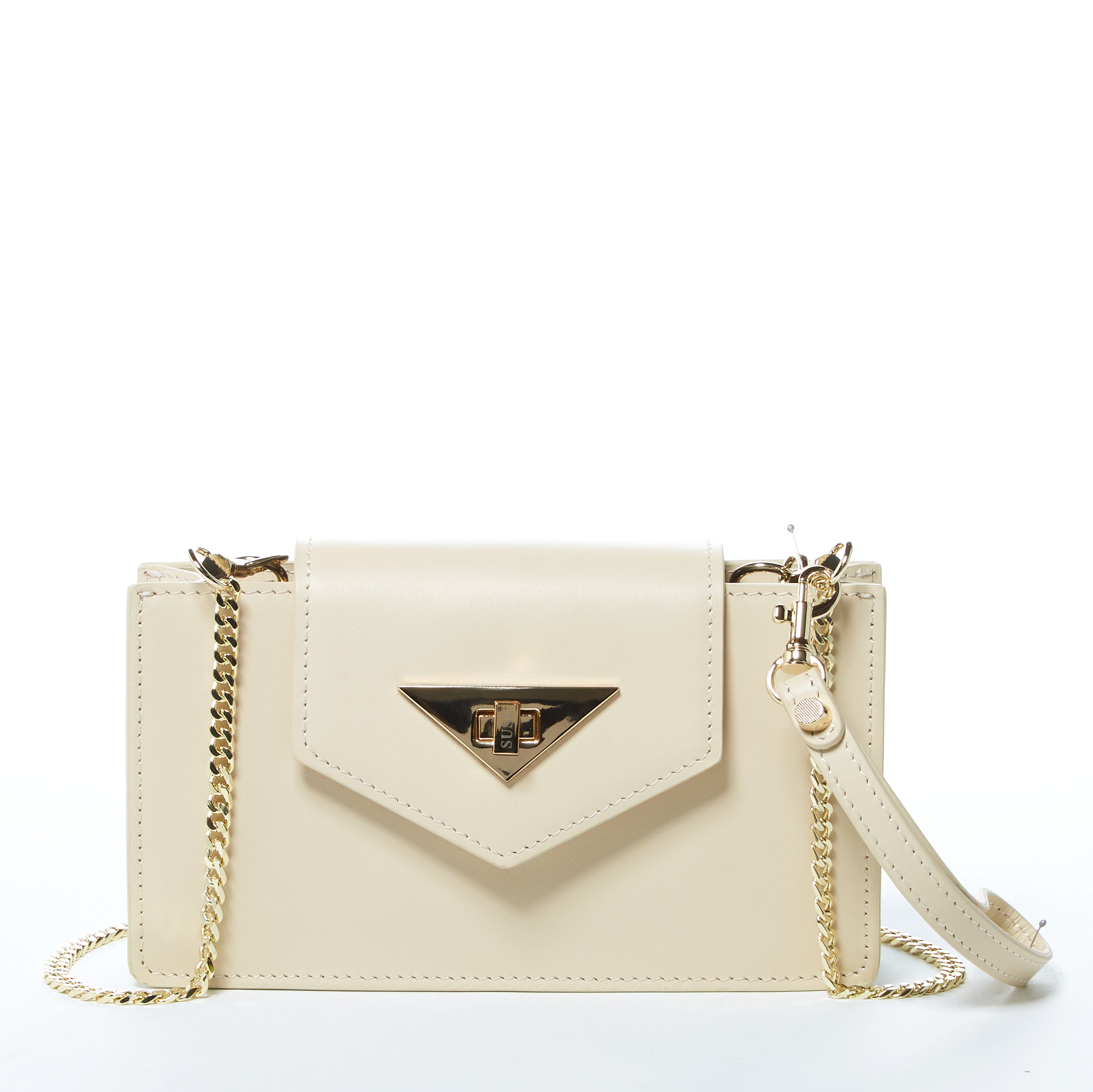 Mary Off White Mini Crossbody Bag featuring a geometric design, gold hardware, and a wrist strap, made from luxurious vanilla custard leather.