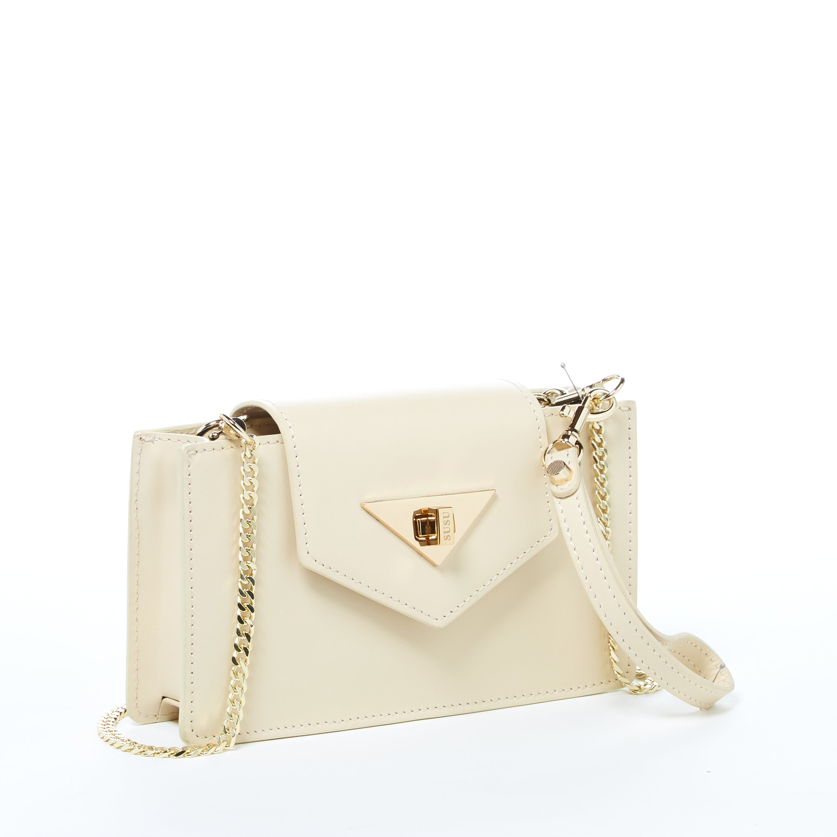 Mary Off White Mini Crossbody Bag featuring a geometric design, gold hardware, and a wrist strap, made from luxurious vanilla custard leather.