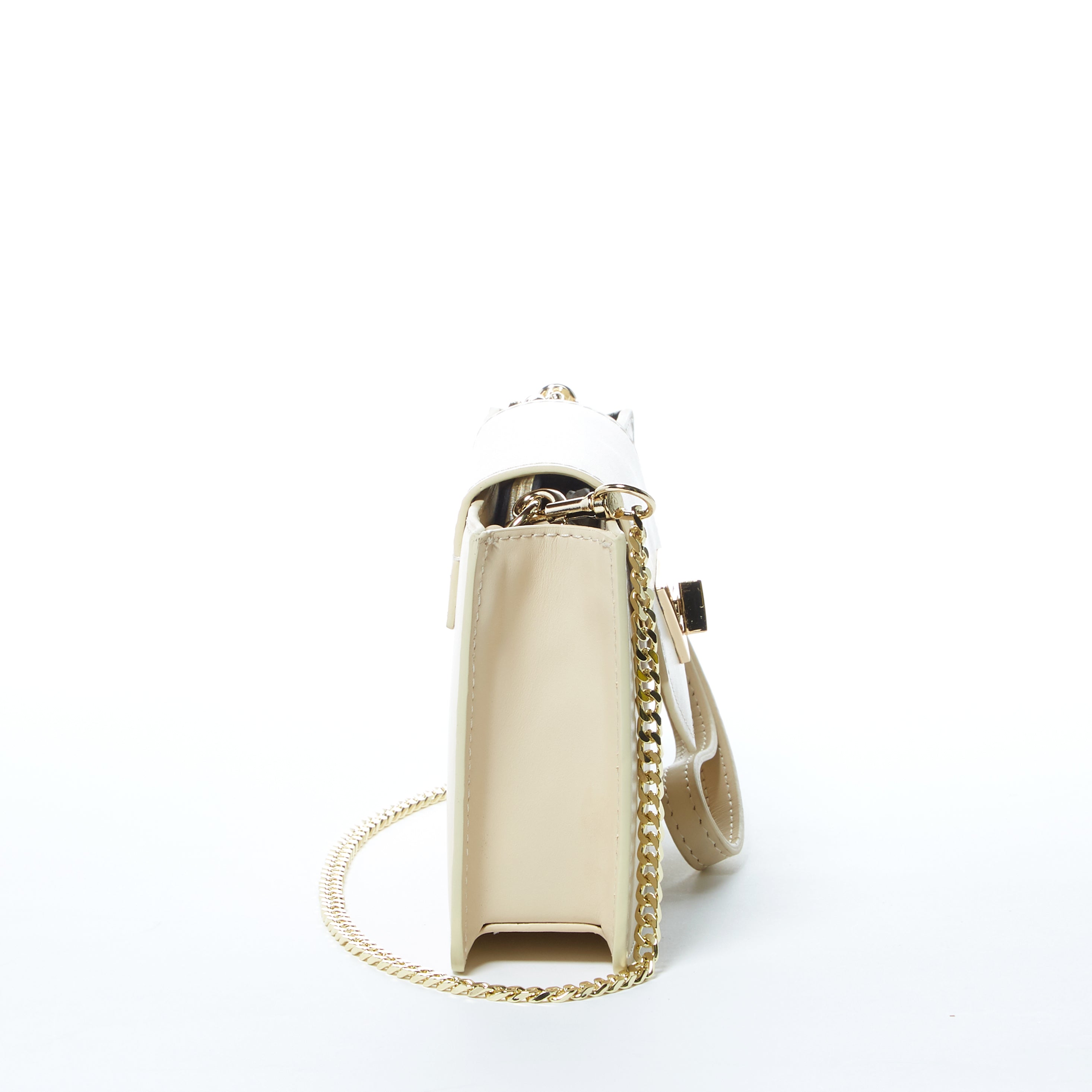 Mary Off White Mini Crossbody Bag featuring a geometric design, gold hardware, and a wrist strap, made from luxurious vanilla custard leather.