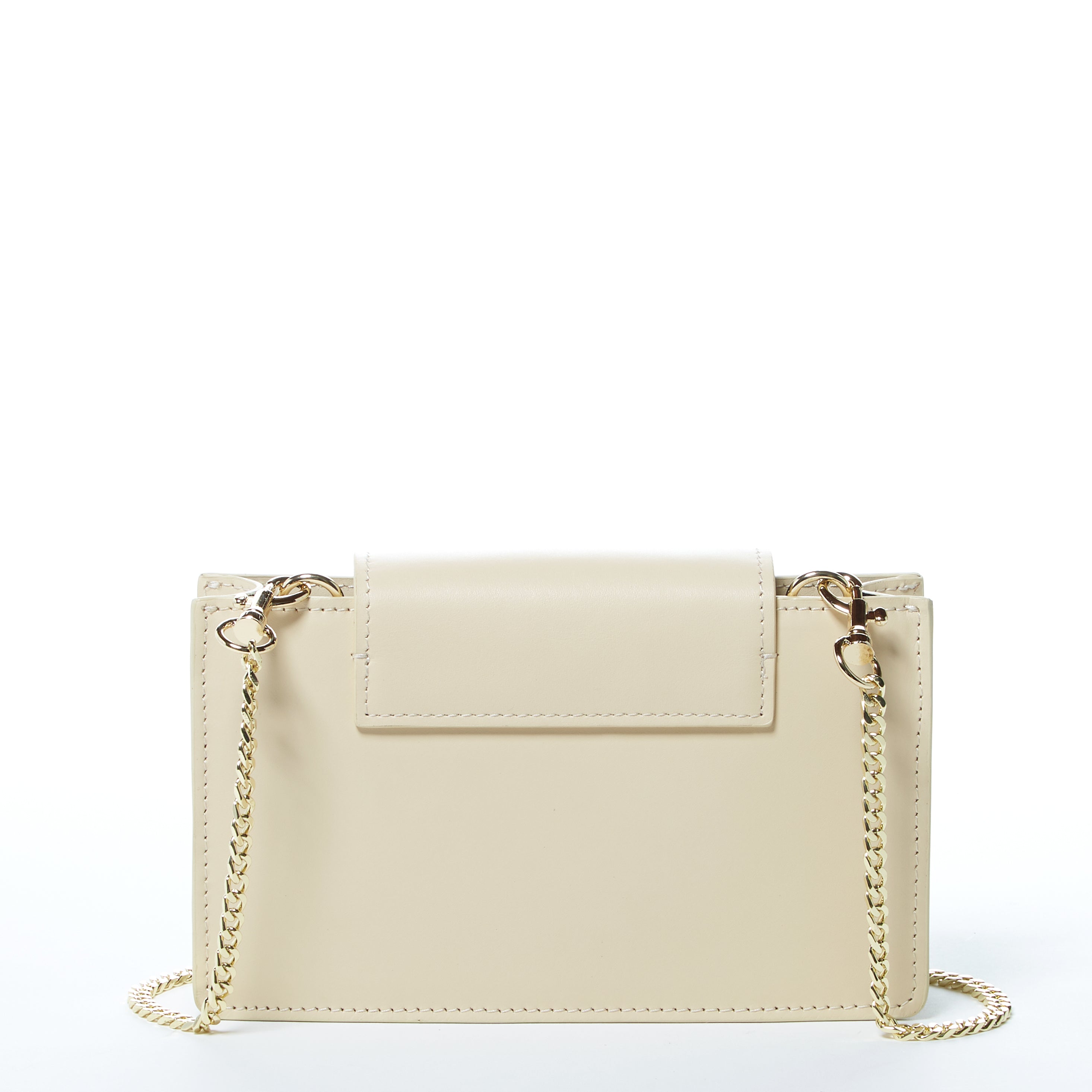 Mary Off White Mini Crossbody Bag featuring a geometric design, gold hardware, and a wrist strap, made from luxurious vanilla custard leather.