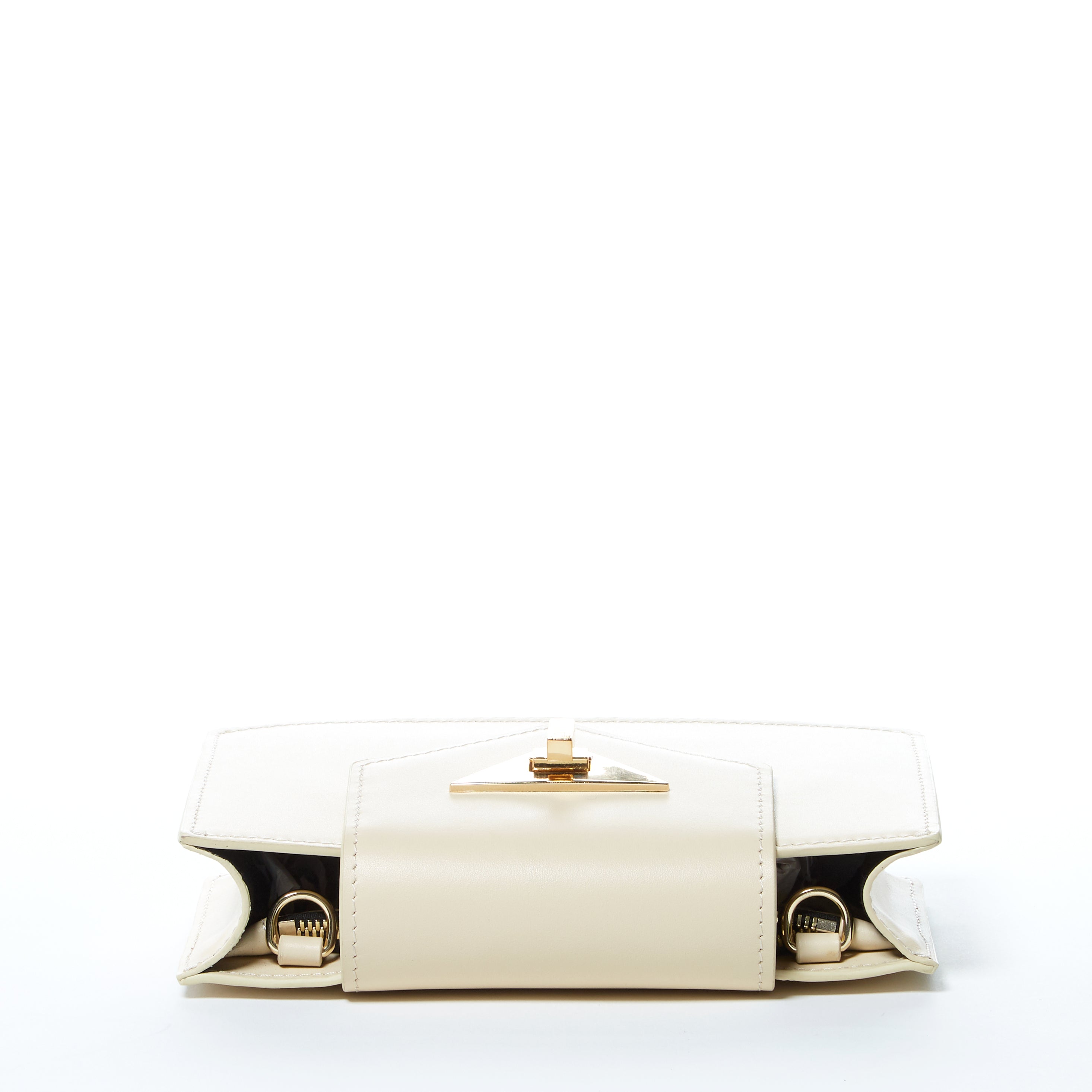 Mary Off White Mini Crossbody Bag featuring a geometric design, gold hardware, and a wrist strap, made from luxurious vanilla custard leather.