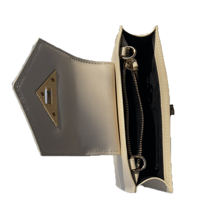 Mary Off White Mini Crossbody Bag featuring a geometric design, gold hardware, and a wrist strap, made from luxurious vanilla custard leather.