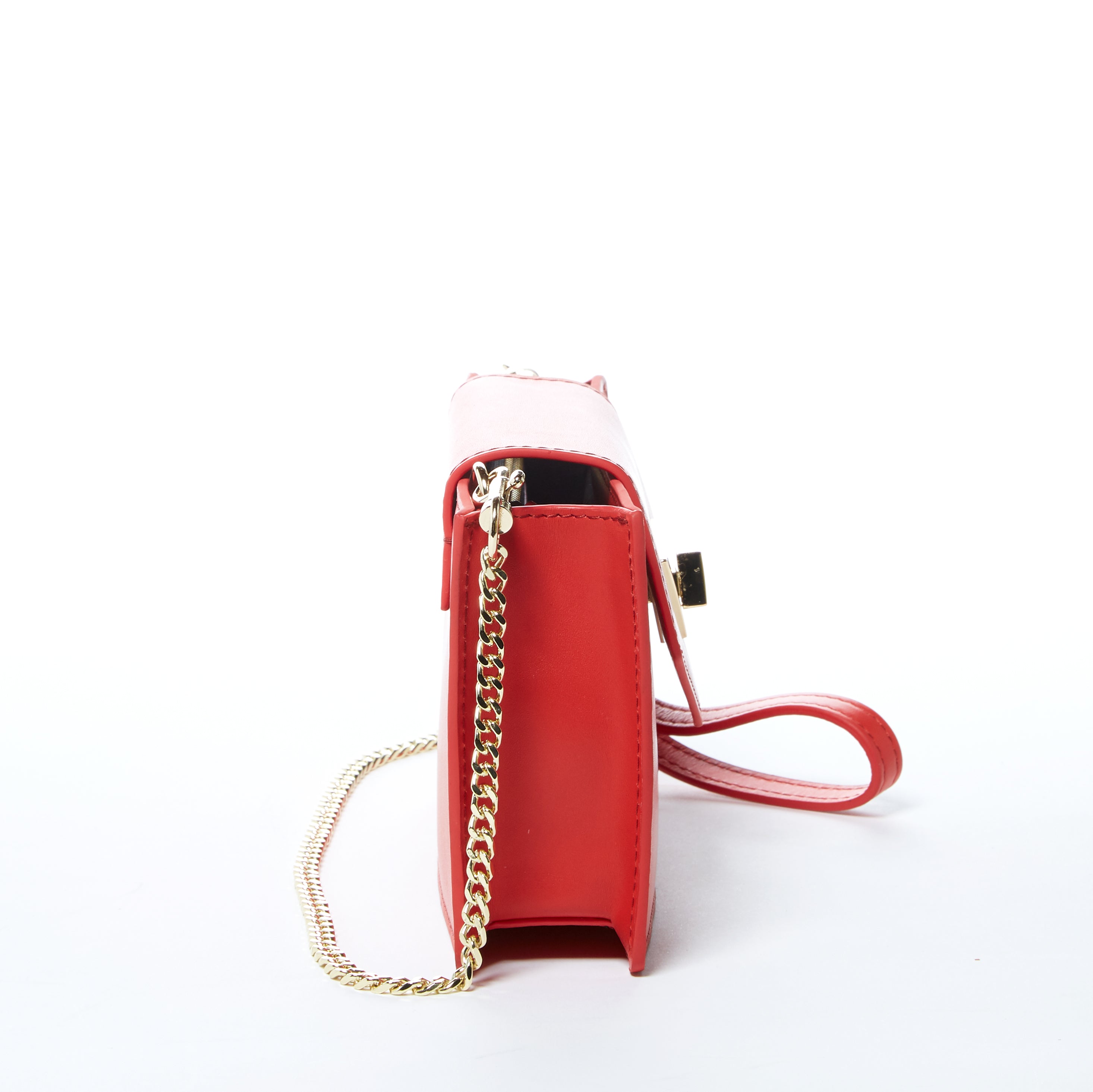 Mary Red Purse Mini Crossbody Bag featuring a boxy design, gold hardware, and a luxurious leather finish.