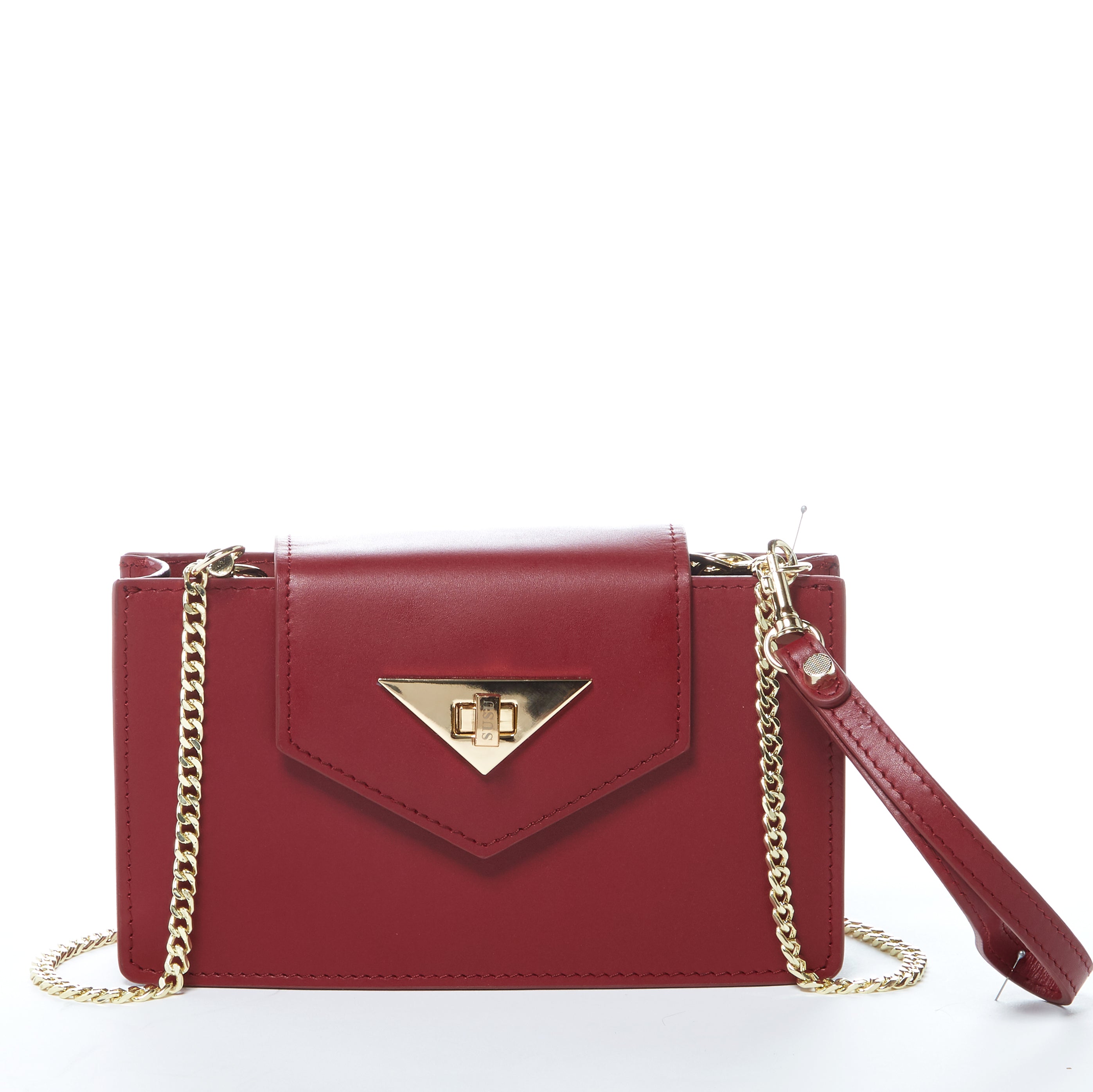 Mary Small Crossbody Leather Wristlet in Burgundy with gold hardware and wrist strap.