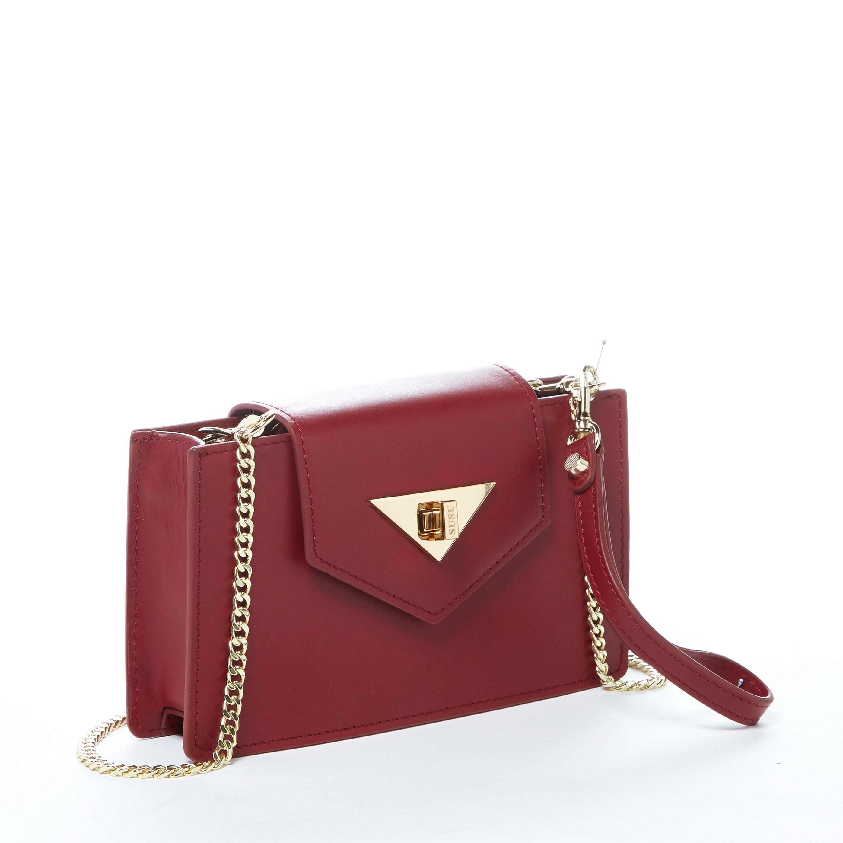 Mary Small Crossbody Leather Wristlet in Burgundy with gold hardware and wrist strap.