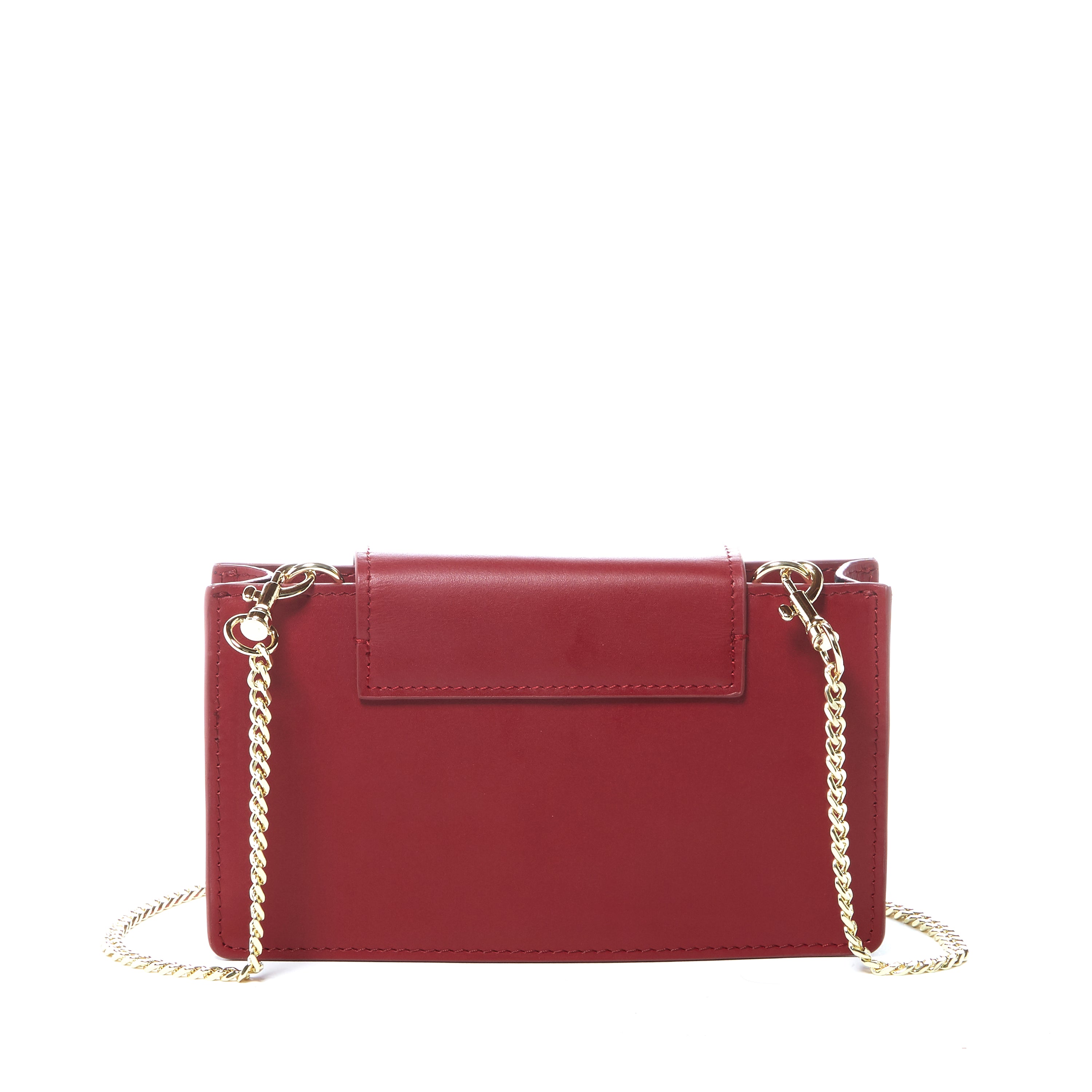 Mary Small Crossbody Leather Wristlet in Burgundy with gold hardware and wrist strap.