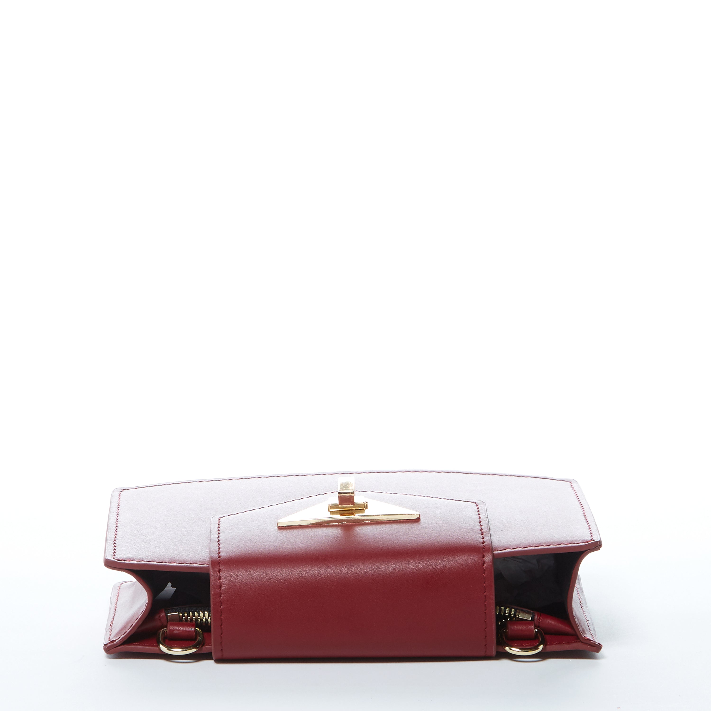 Mary Small Crossbody Leather Wristlet in Burgundy with gold hardware and wrist strap.