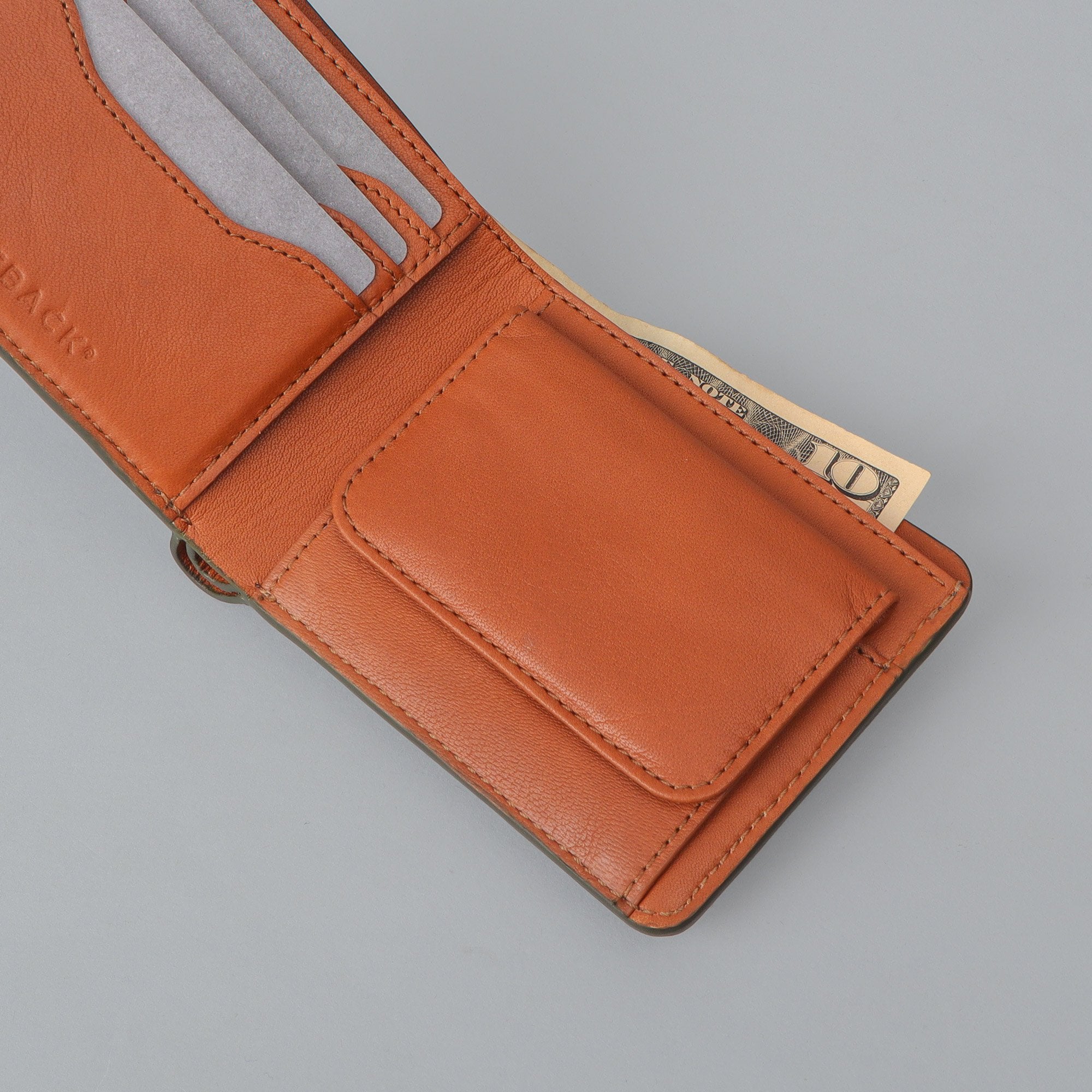 Max Wallet made from premium full grain leather with multiple pockets for cards and cash, featuring antique brass hardware.