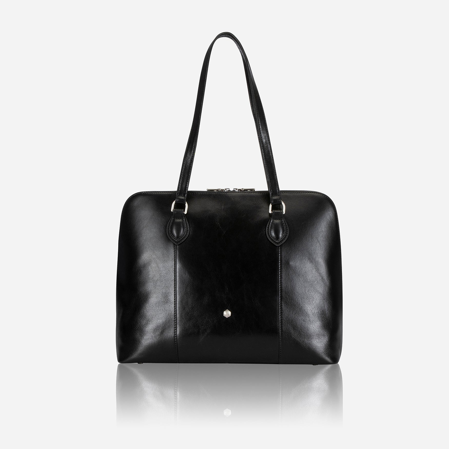 Medium 15-inch black leather laptop handbag with elegant design and spacious interior.