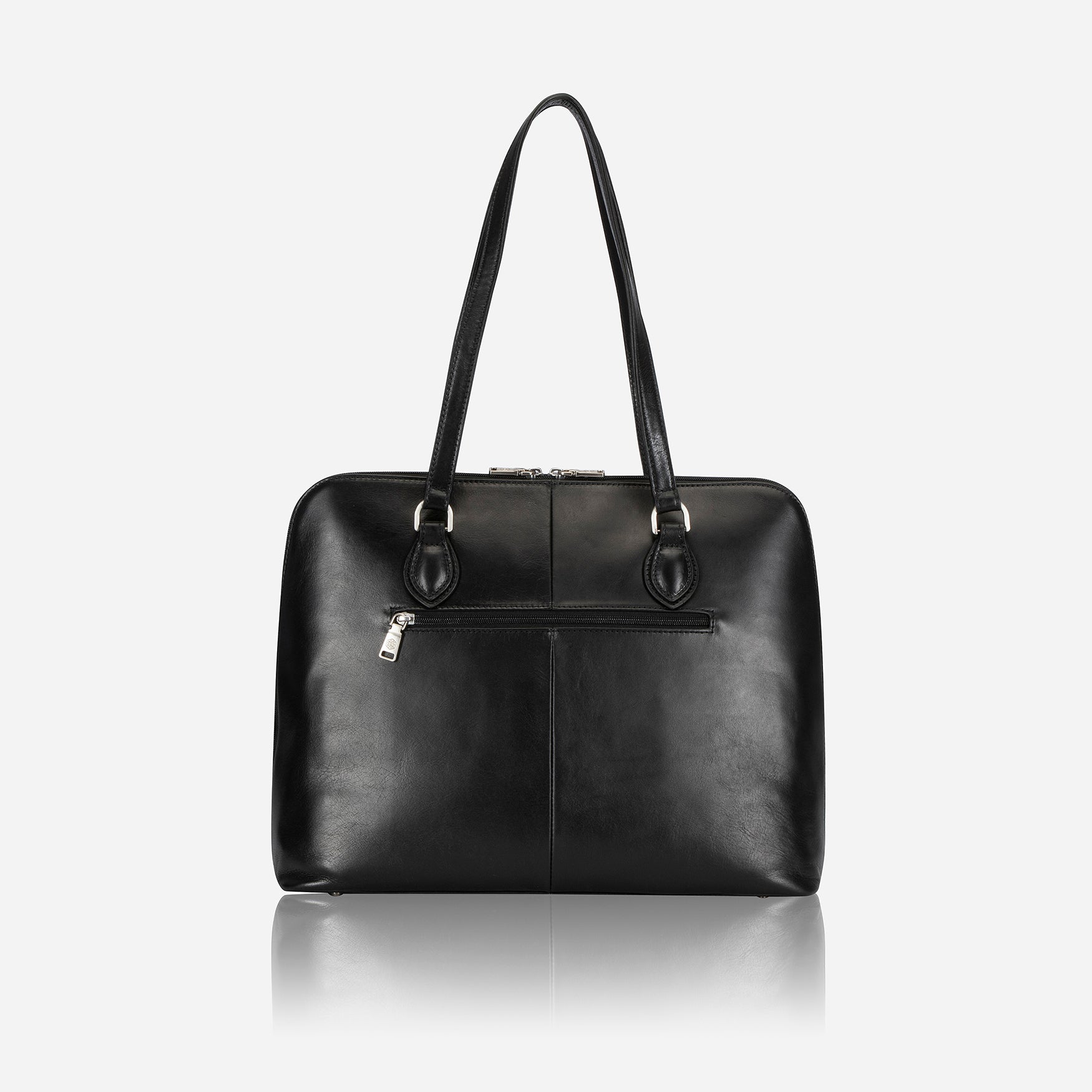 Medium 15-inch black leather laptop handbag with elegant design and spacious interior.