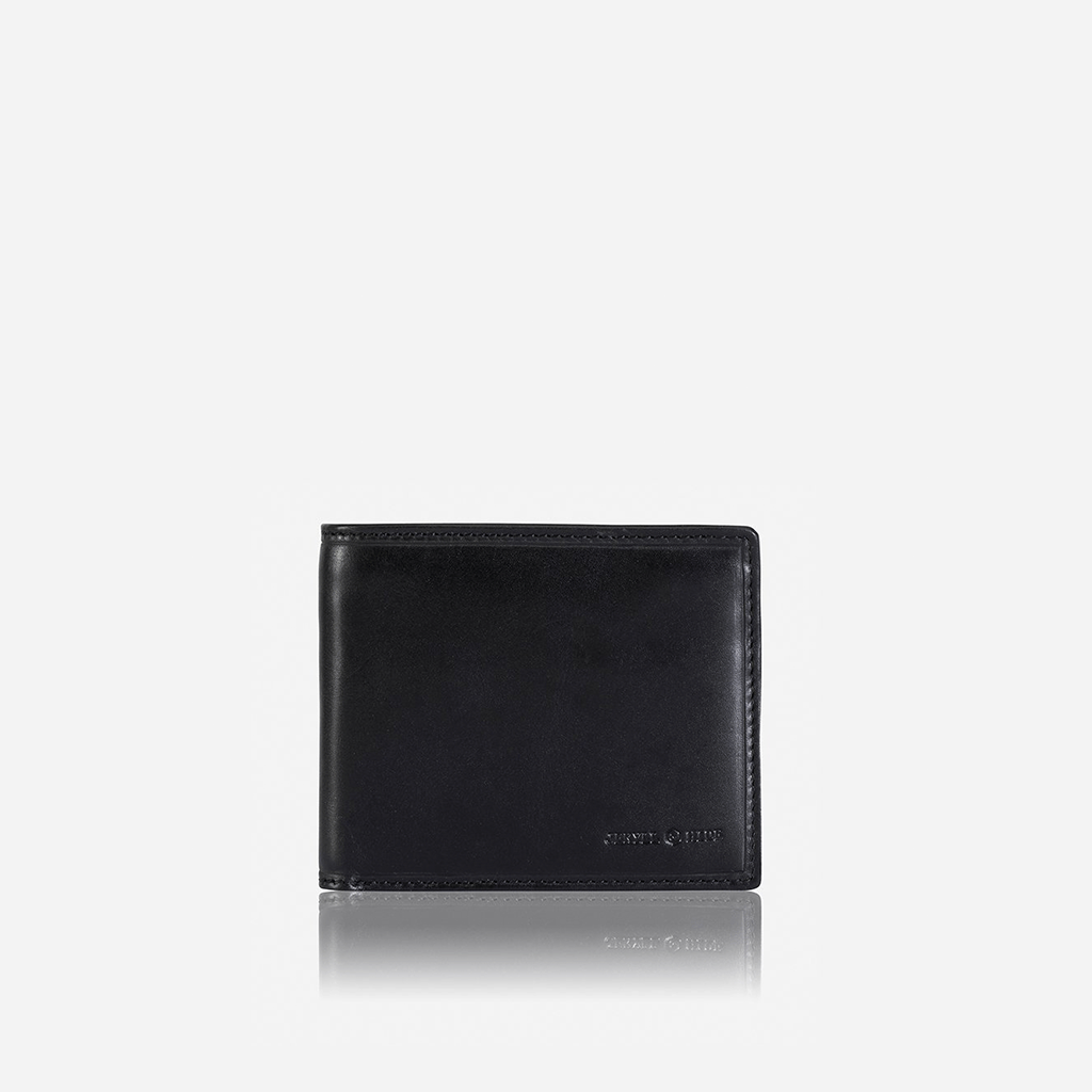 A sleek black medium billfold wallet with a coin pocket, showcasing its classic one-fold design and durable material.