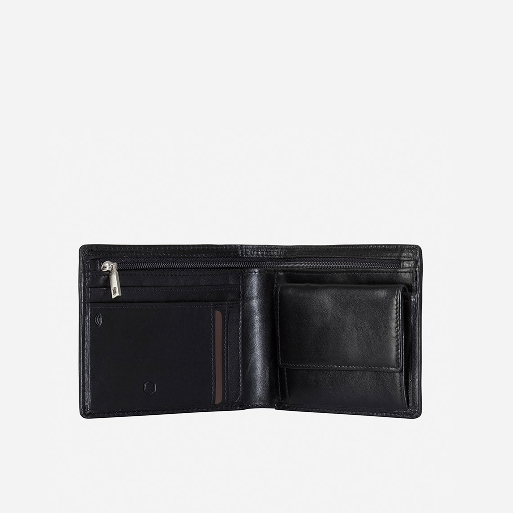 A sleek black medium billfold wallet with a coin pocket, showcasing its classic one-fold design and durable material.