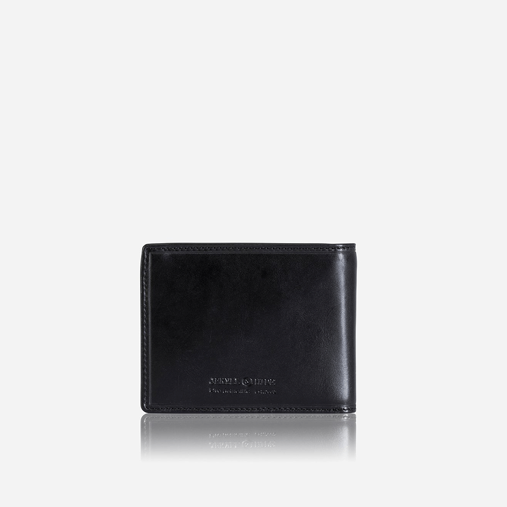 A sleek black medium billfold wallet with a coin pocket, showcasing its classic one-fold design and durable material.