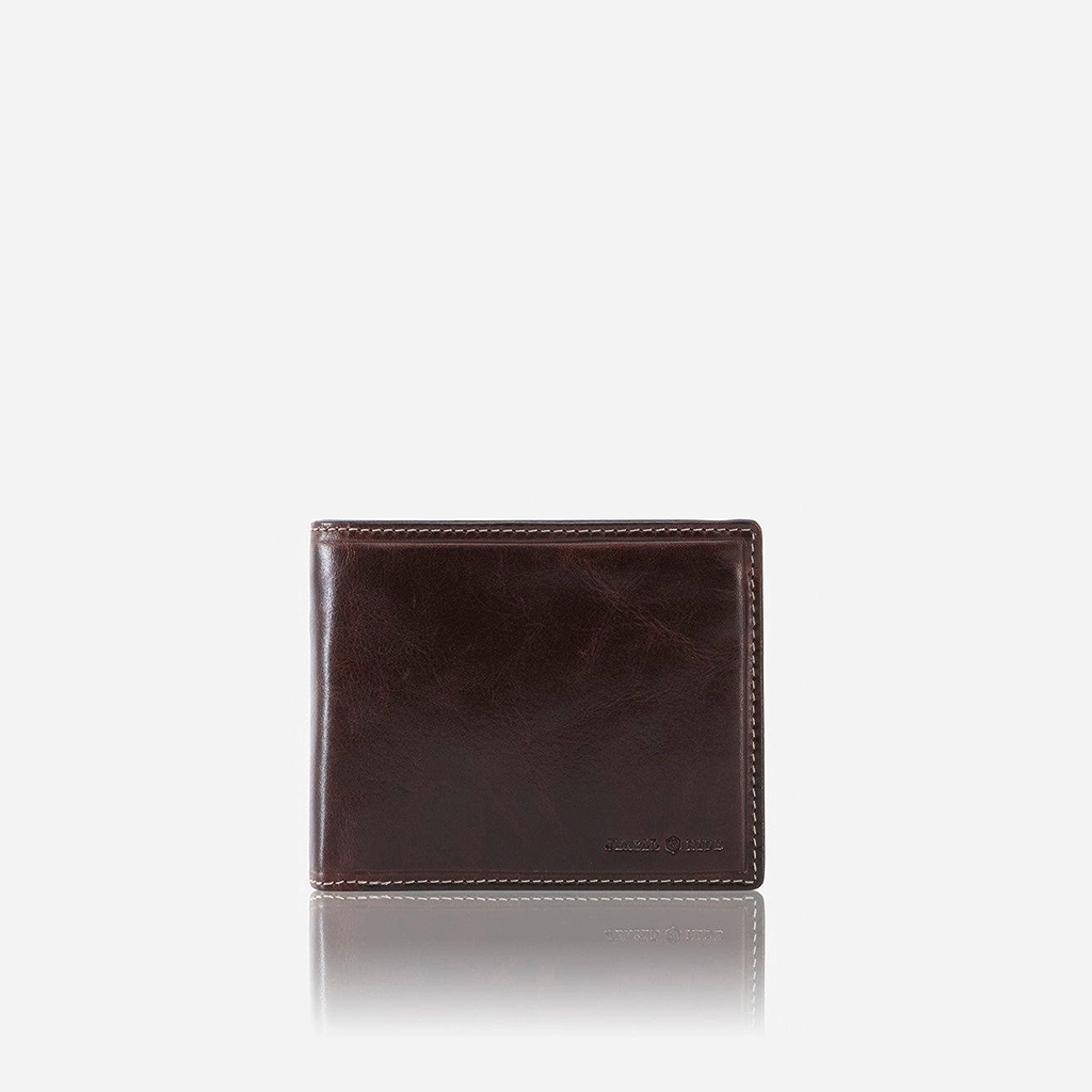 Medium Billfold Wallet in Coffee color with a coin pocket, showcasing its classic one-fold design and premium leather material.