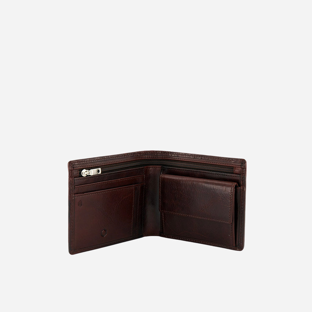 Medium Billfold Wallet in Coffee color with a coin pocket, showcasing its classic one-fold design and premium leather material.