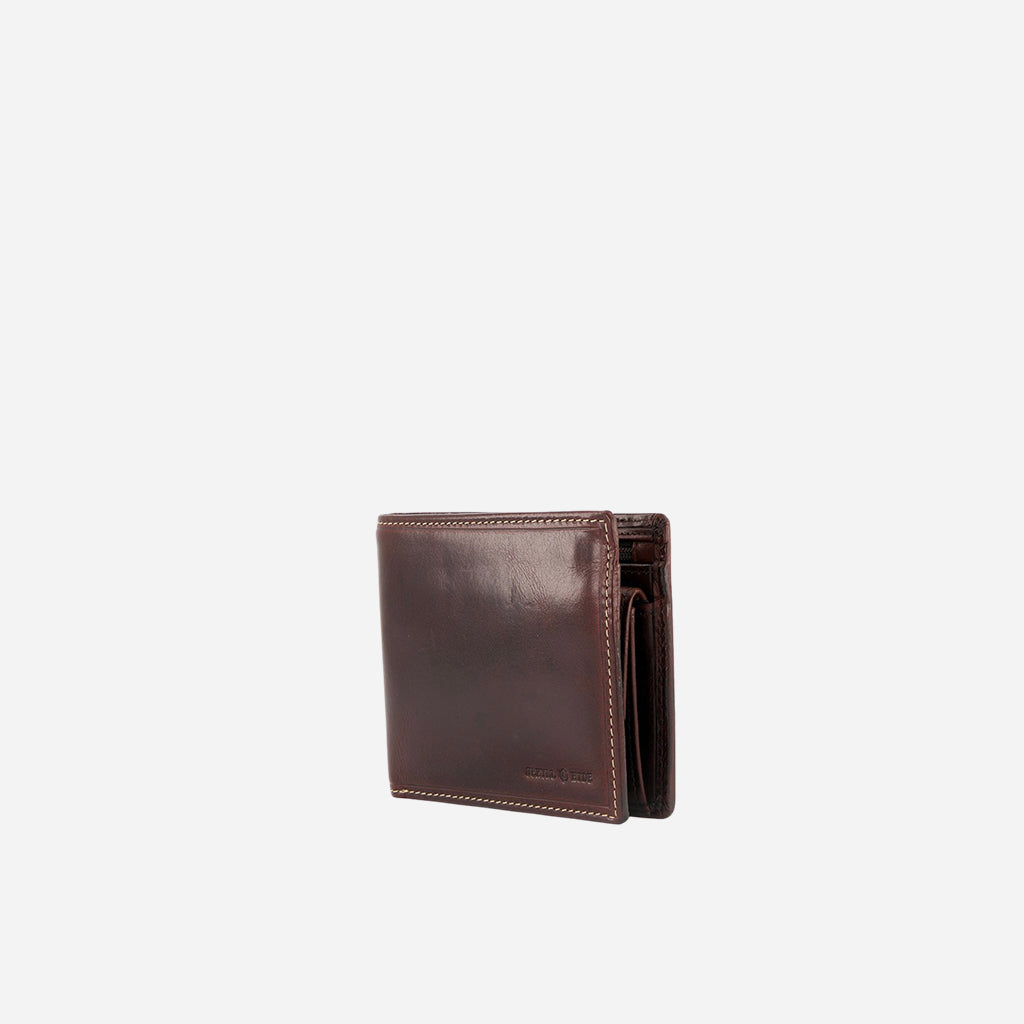 Medium Billfold Wallet in Coffee color with a coin pocket, showcasing its classic one-fold design and premium leather material.