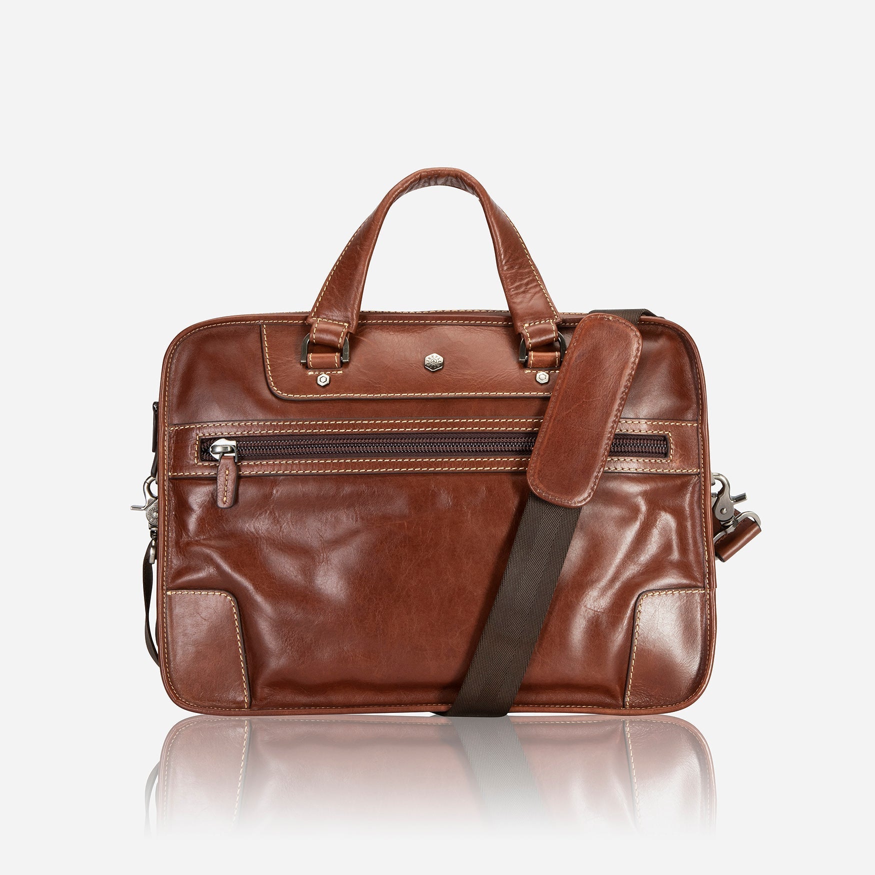 Medium Leather 15" Laptop Briefcase in Tobacco, featuring broad shoulders and bold stitching, ideal for business and leisure.