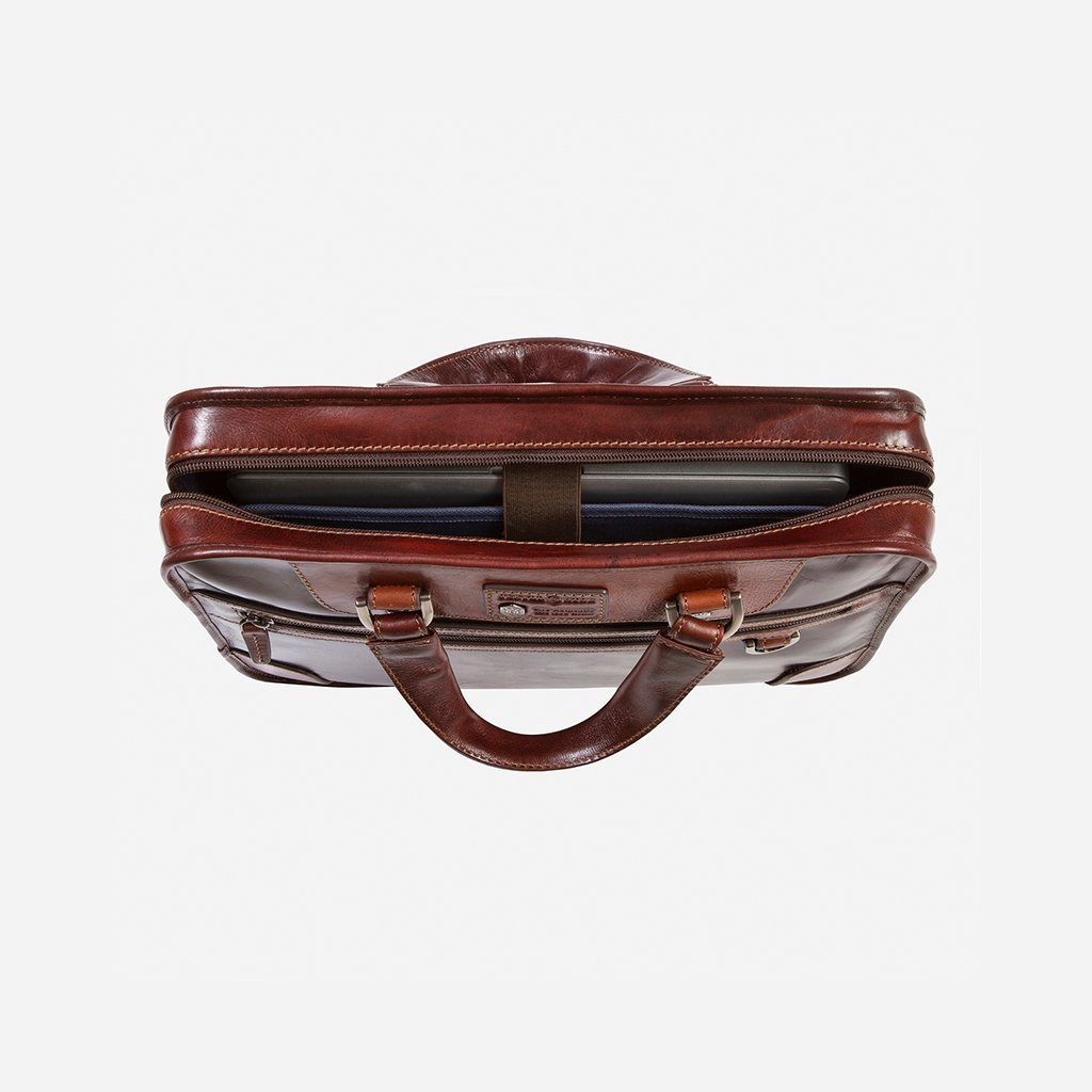 Medium Leather 15" Laptop Briefcase in Tobacco, featuring broad shoulders and bold stitching, ideal for business and leisure.