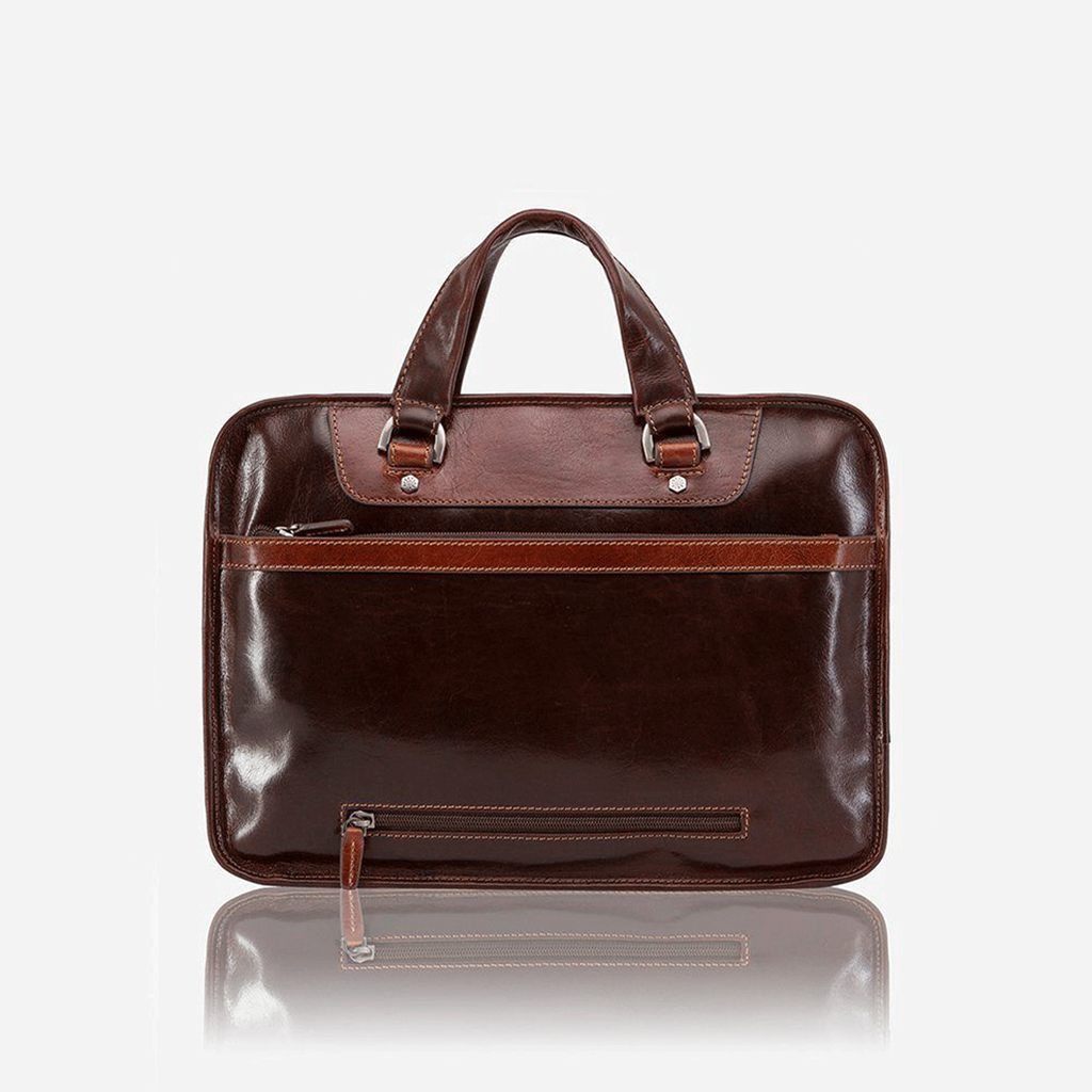 Medium Leather 15" Laptop Briefcase in Tobacco, featuring broad shoulders and bold stitching, ideal for business and leisure.