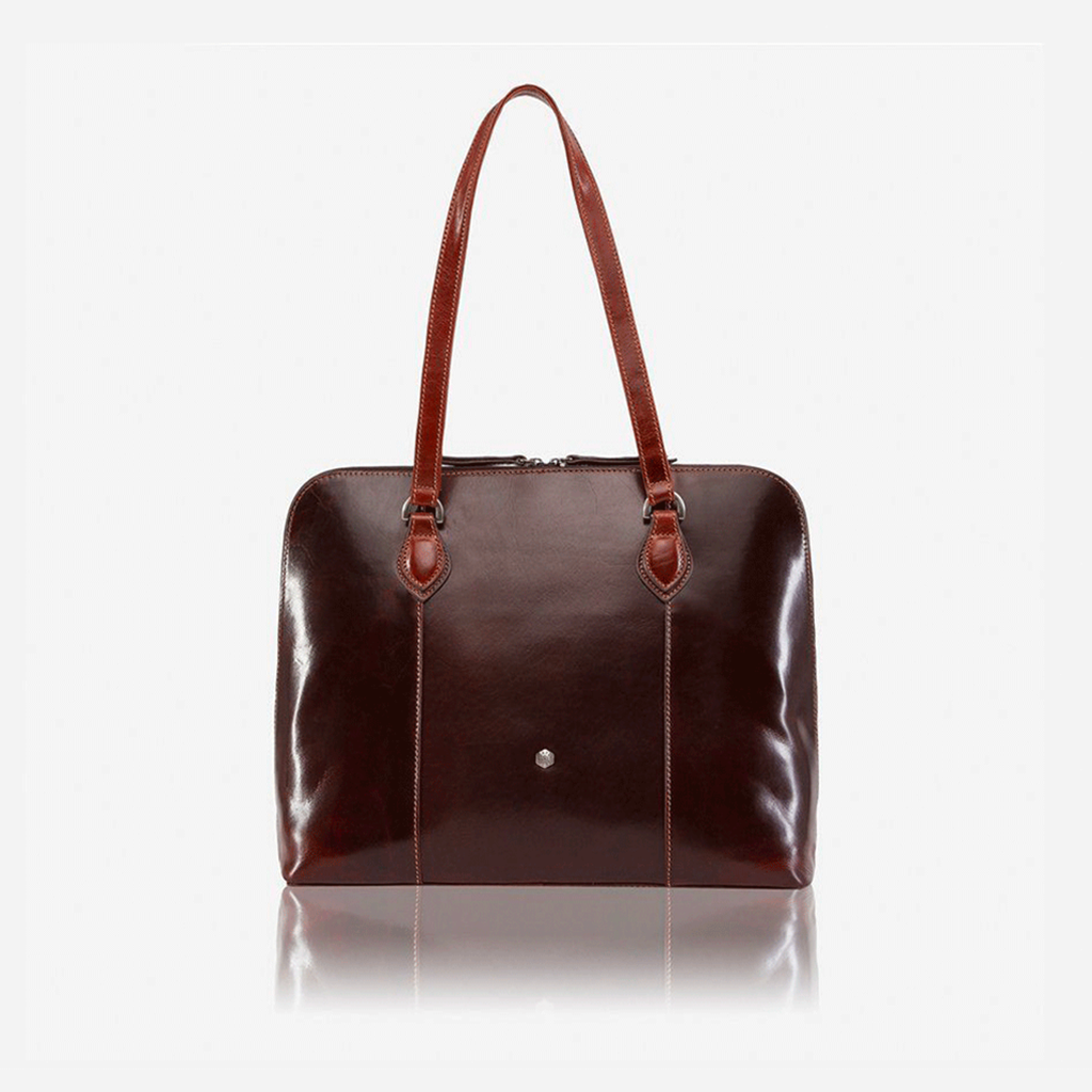 Medium Leather Laptop Handbag in Tobacco color, showcasing its elegant design and spacious interior.