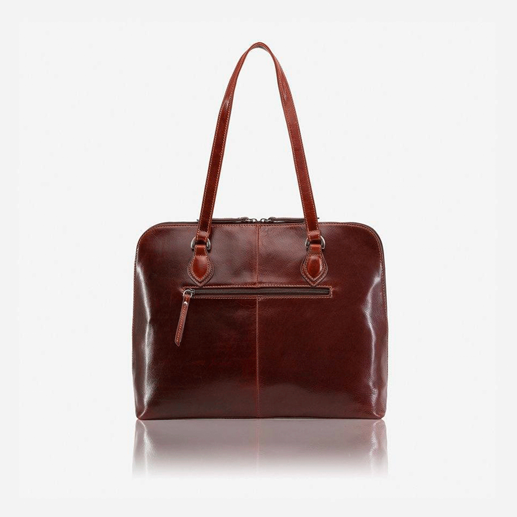 Medium Leather Laptop Handbag in Tobacco color, showcasing its elegant design and spacious interior.