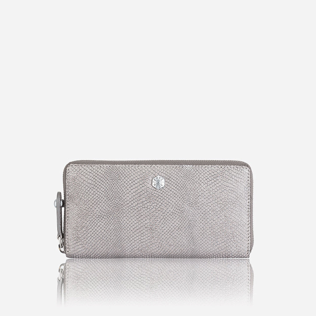 A stylish medium metallic zip around purse in grey, featuring exclusive Italian prints and a secure zip closure.