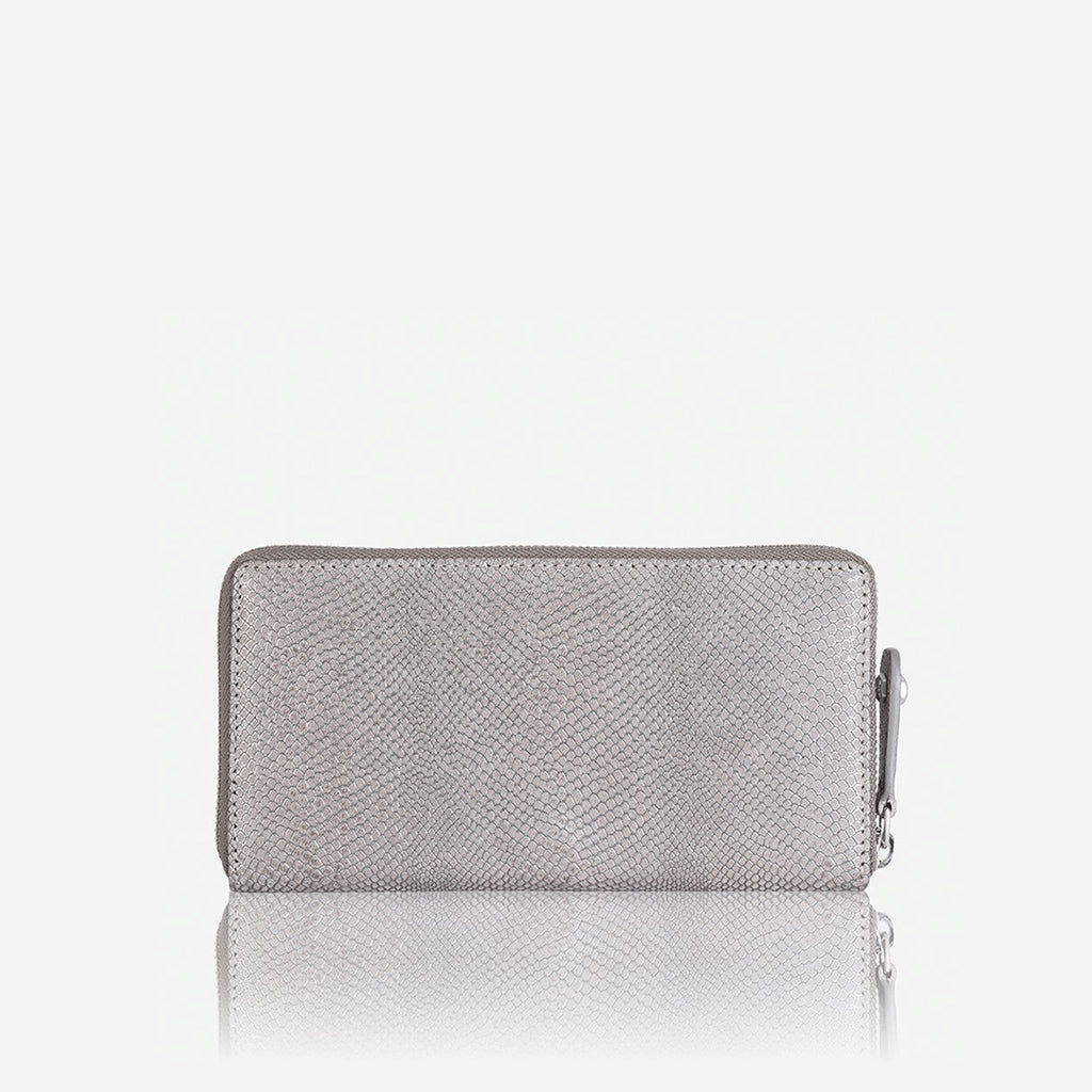 A stylish medium metallic zip around purse in grey, featuring exclusive Italian prints and a secure zip closure.