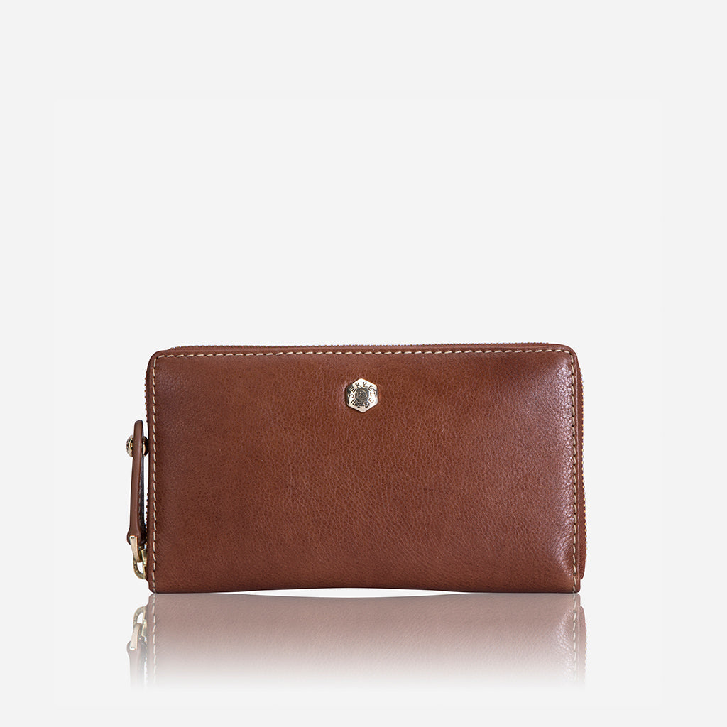 Medium Zip Around Purse in Tan featuring exclusive Italian prints, showcasing its compact and stylish design.