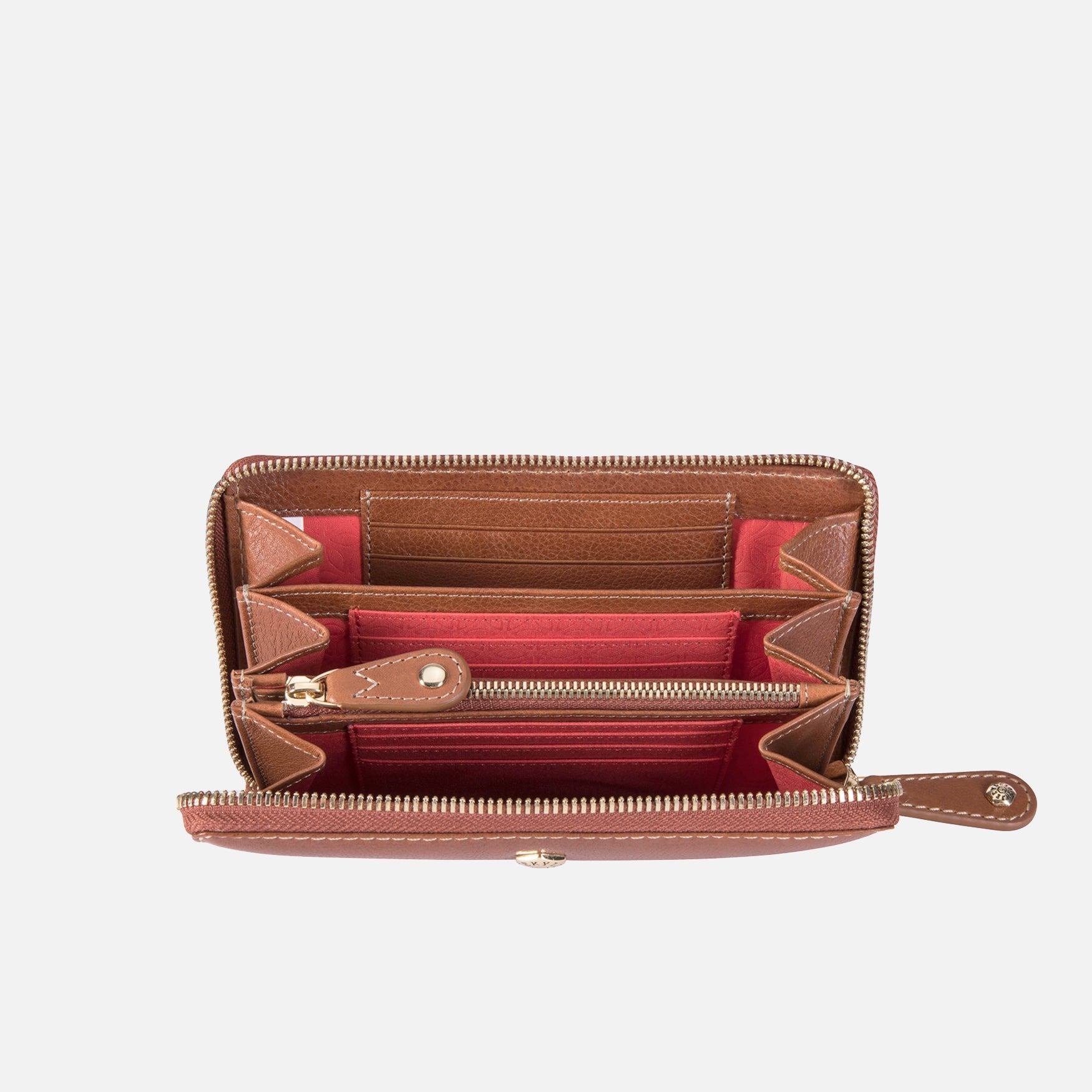 Medium Zip Around Purse in Tan featuring exclusive Italian prints, showcasing its compact and stylish design.