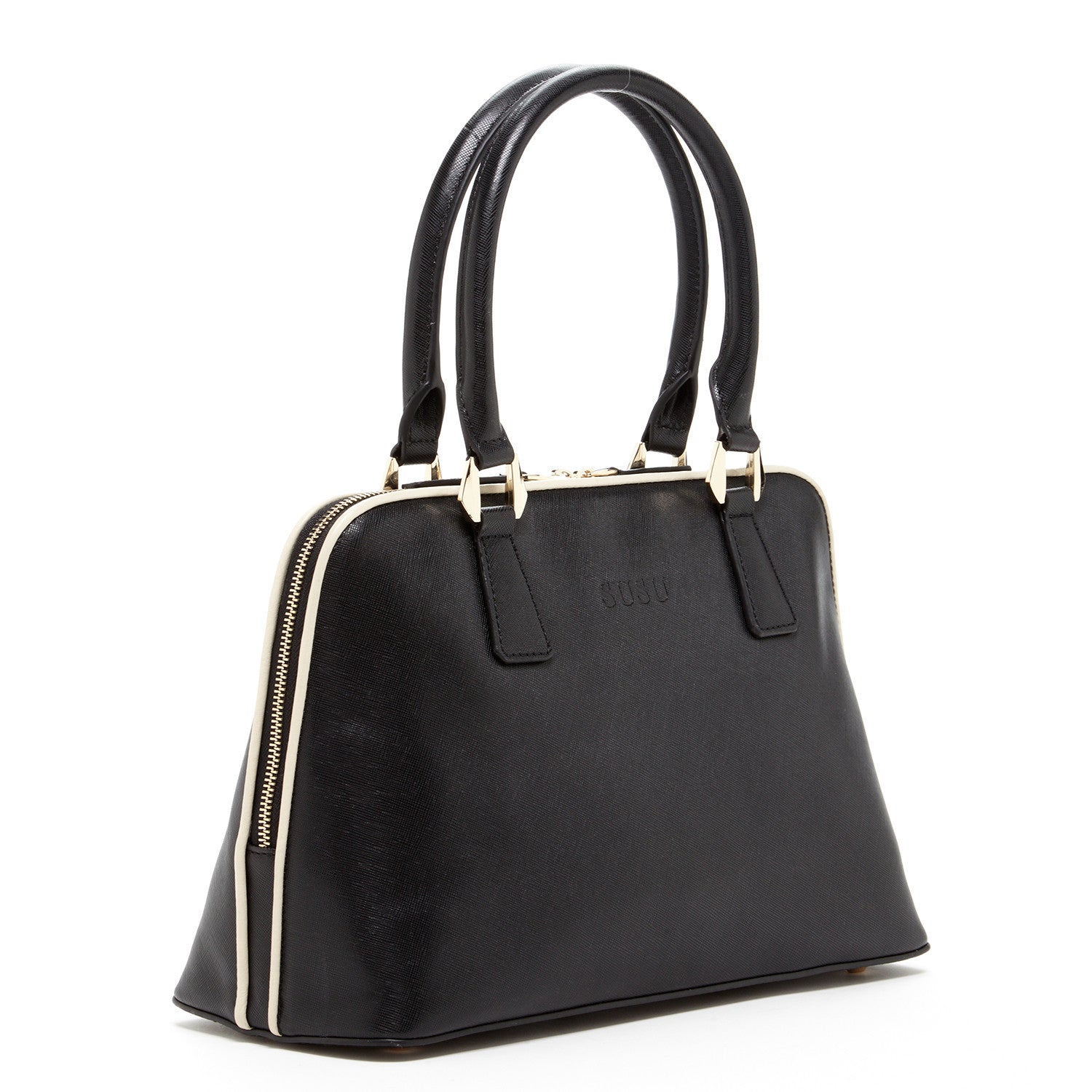 Melissa Saffiano Leather Satchel Bag in Black with light gold hardware and spacious interior.