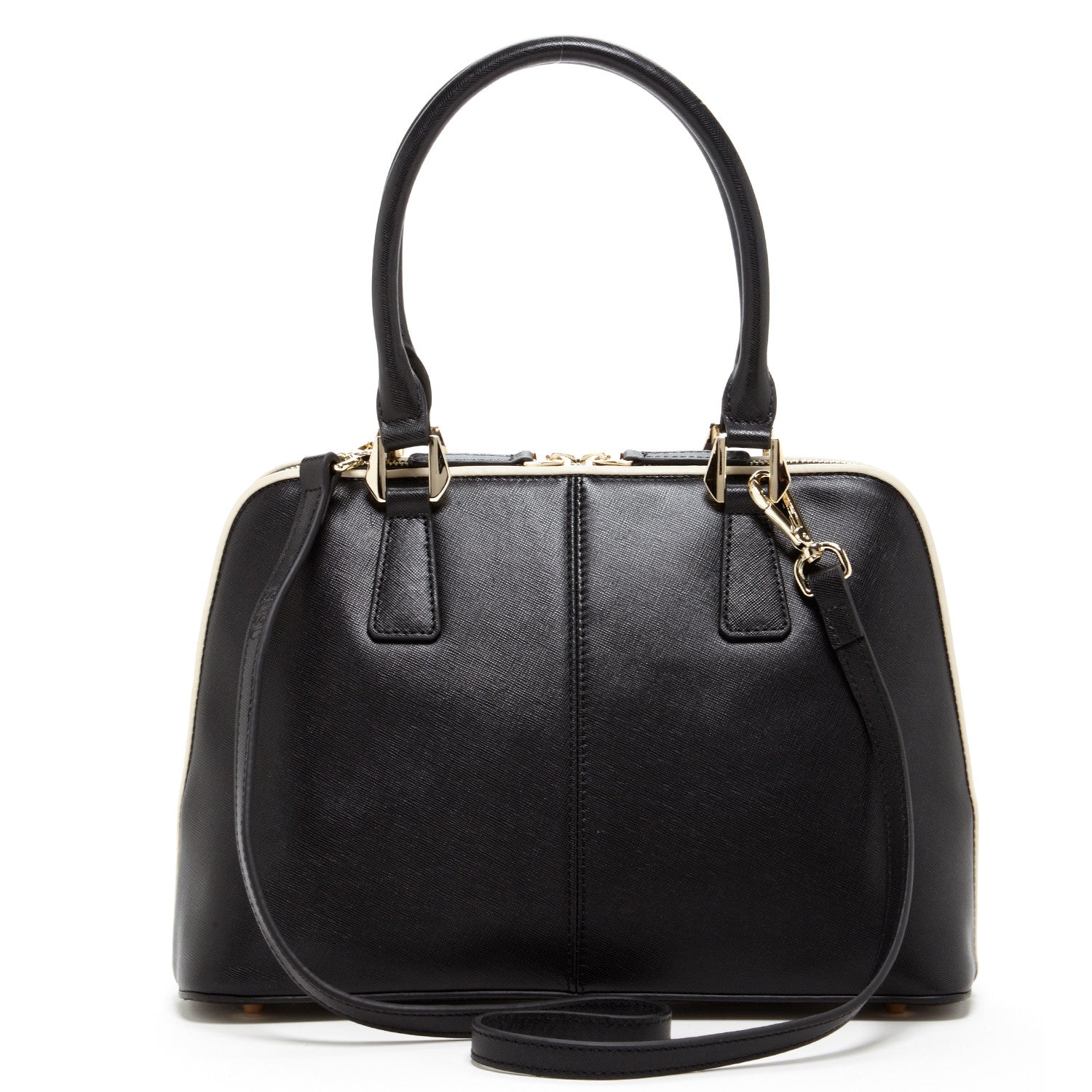 Melissa Saffiano Leather Satchel Bag in Black with light gold hardware and spacious interior.