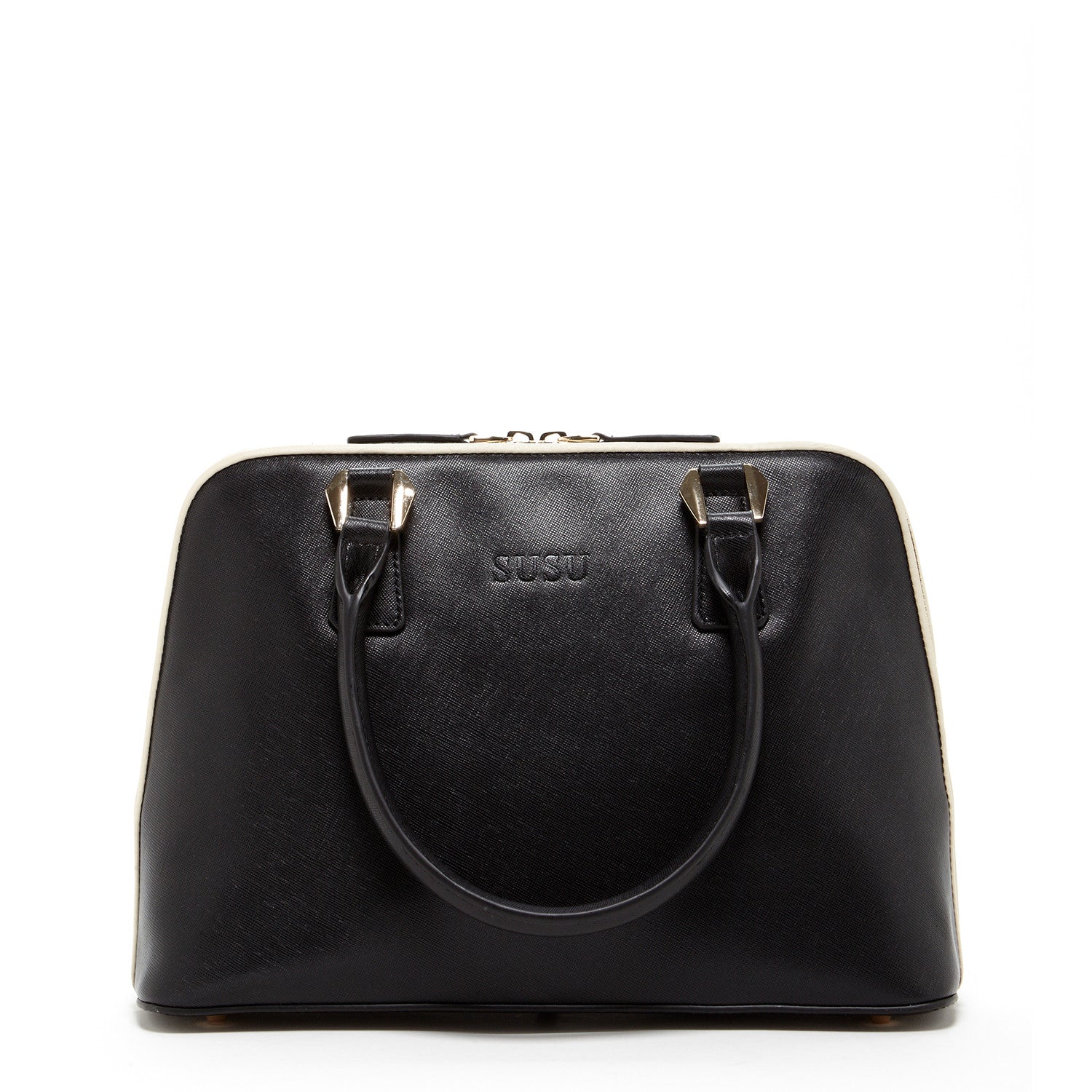 Melissa Saffiano Leather Satchel Bag in Black with light gold hardware and spacious interior.