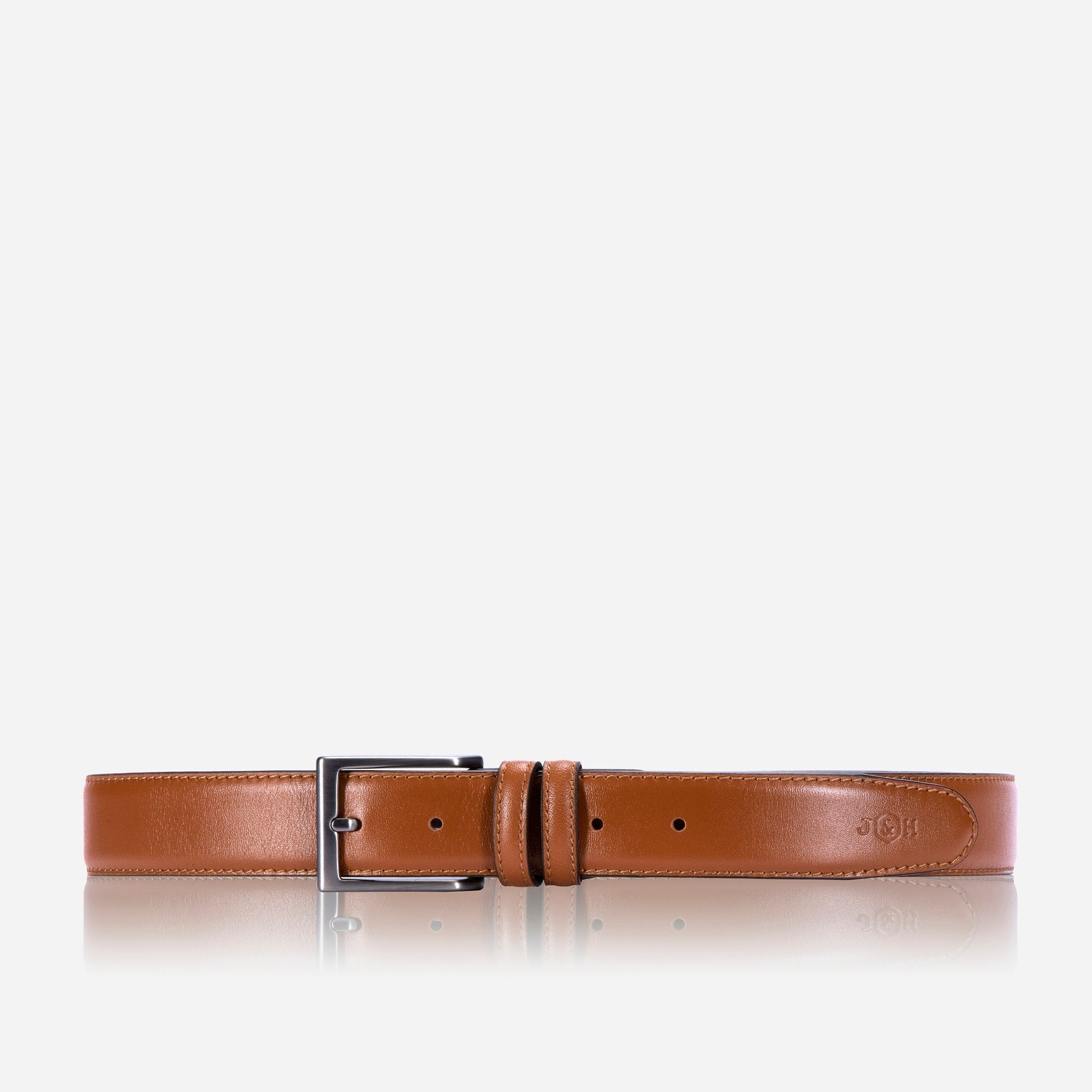 Men's camel belt featuring a geometric buckle and stitching accents, perfect for enhancing any outfit.