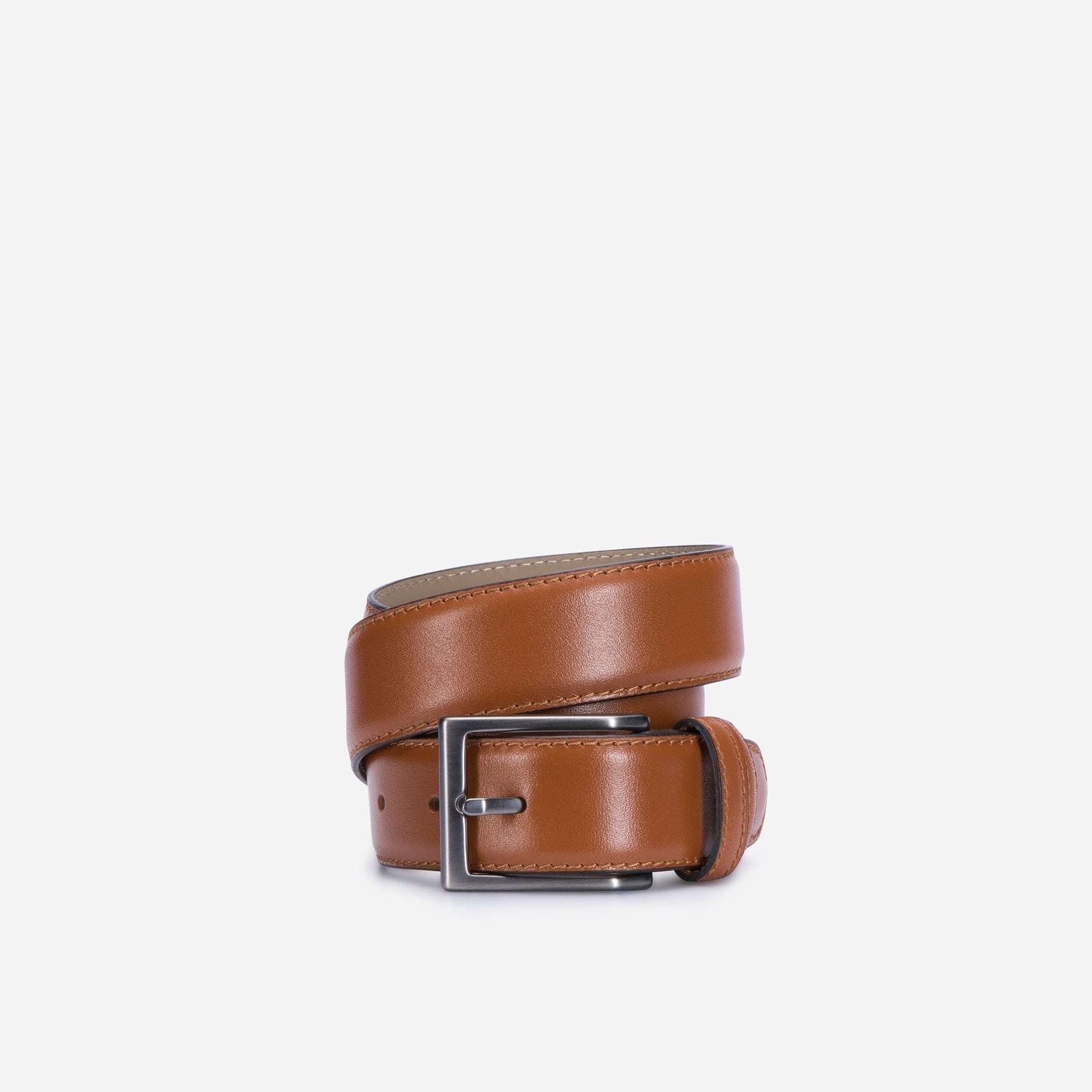 Men's camel belt featuring a geometric buckle and stitching accents, perfect for enhancing any outfit.