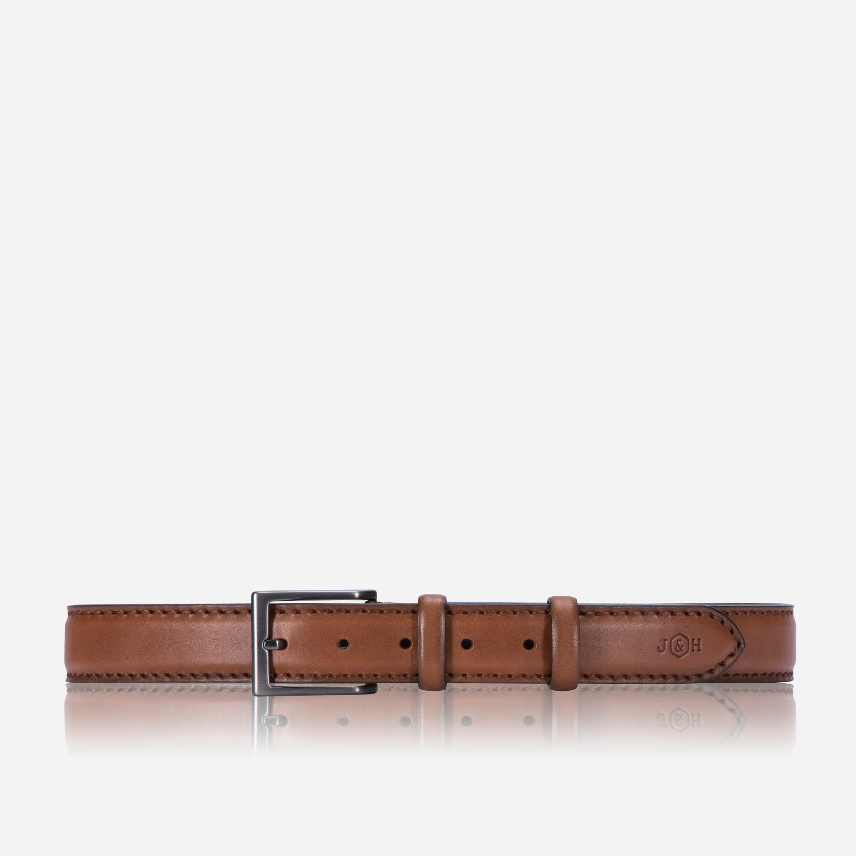 Men's camel belt featuring intricate stitching, perfect for stylish outfits.